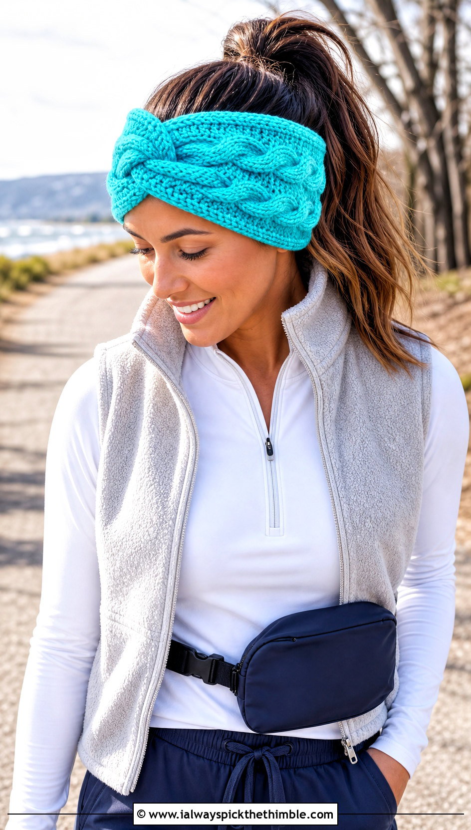Faux Cable Knot Headband With Fleece Vest and Joggers - 15 easy crochet cable headband earwarmer outfit ideas