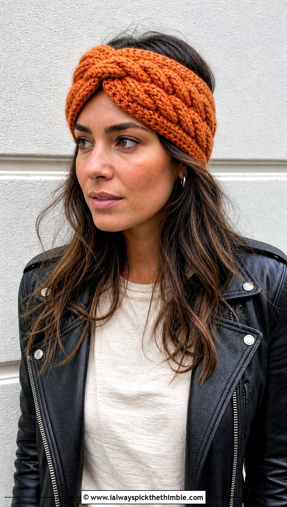 Faux Cable Twisted Knot Crochet Headband With Leather Jacket - 15 Twisted Knot Crochet Headband outfit ideas