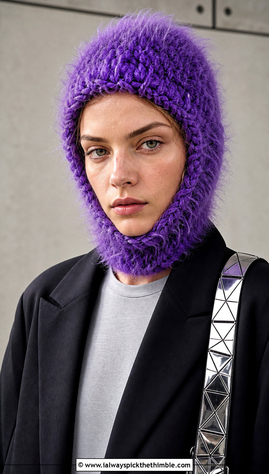Faux Fur Crochet Balaclava Hat With Oversized Blazer - 25 crochet fur hat outfit ideas