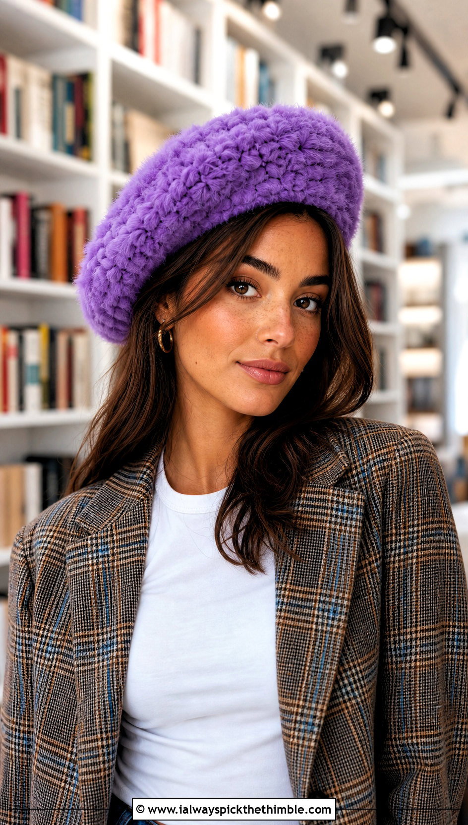 Faux Fur Crochet Beret With Plaid Blazer - 20 faux fur crochet hat outfit ideas