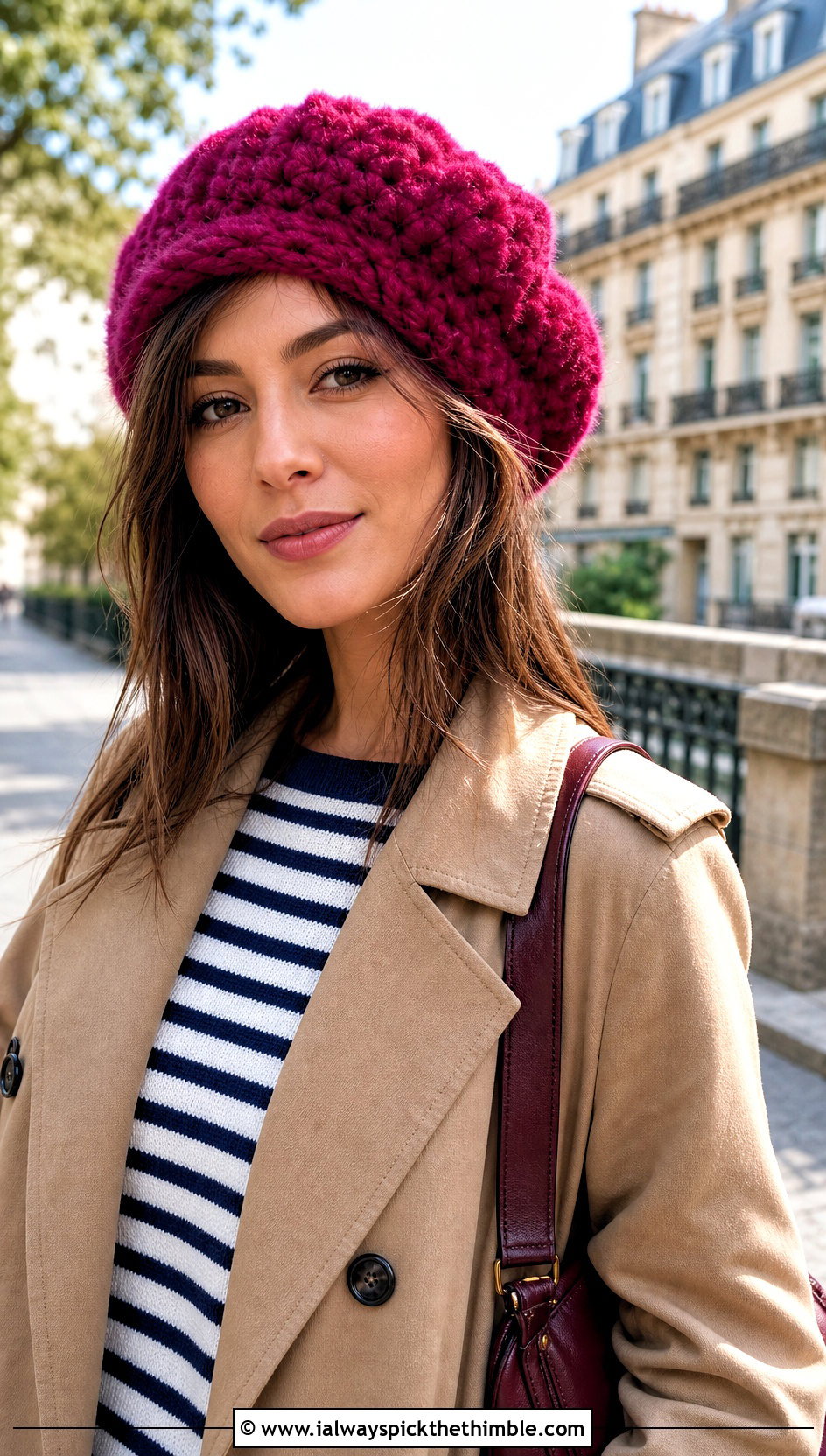 Faux Fur Crochet Beret With Trench Coat - 25 crochet fur hat outfit ideas