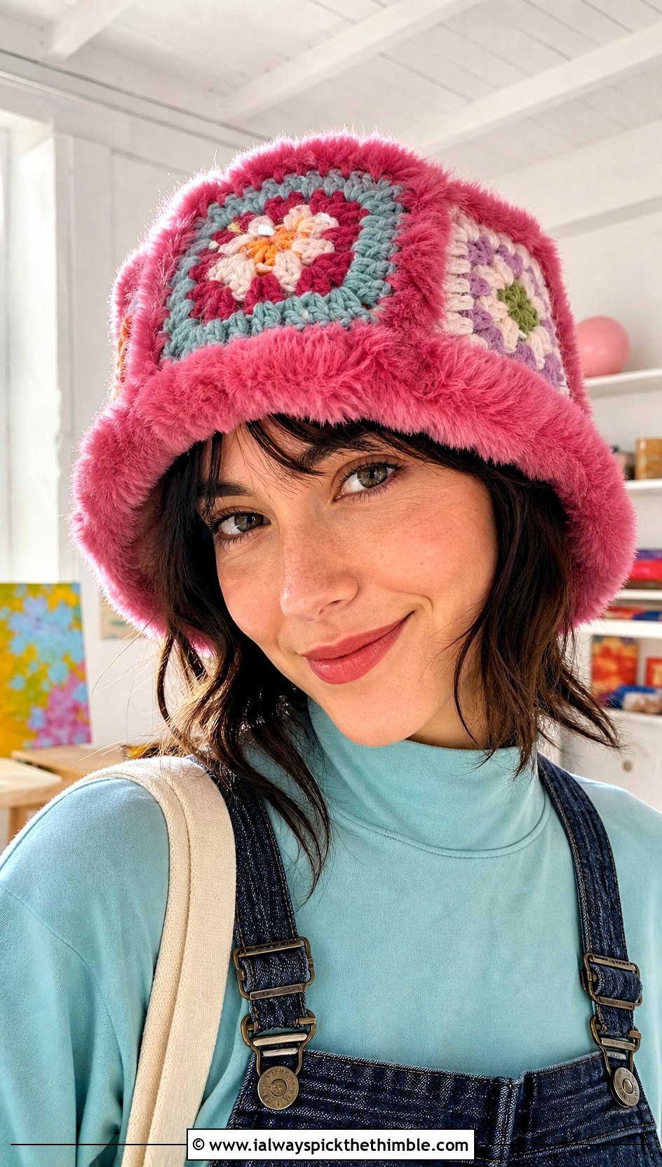 Faux Fur Crochet Granny Square Hat With Overalls - 20 faux fur crochet hat outfit ideas