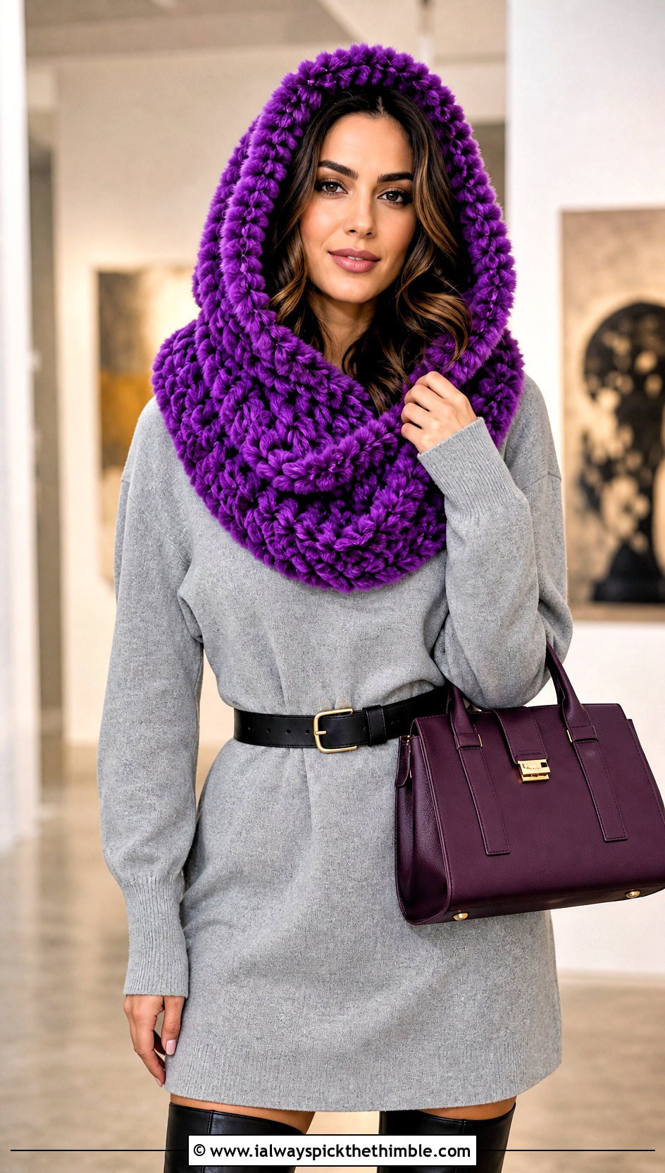 Faux Fur Crochet Hooded Infinity Scarf With Knit Dress - 15 crochet infinity scarf with hood outfit ideas