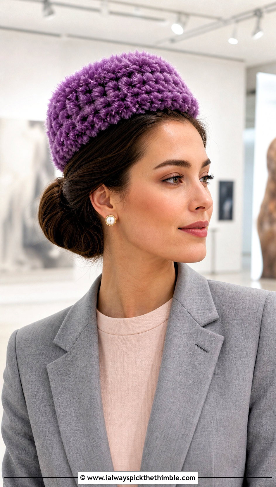 Faux Fur Crochet Pillbox Hat With Pantsuit - 20 faux fur crochet hat outfit ideas