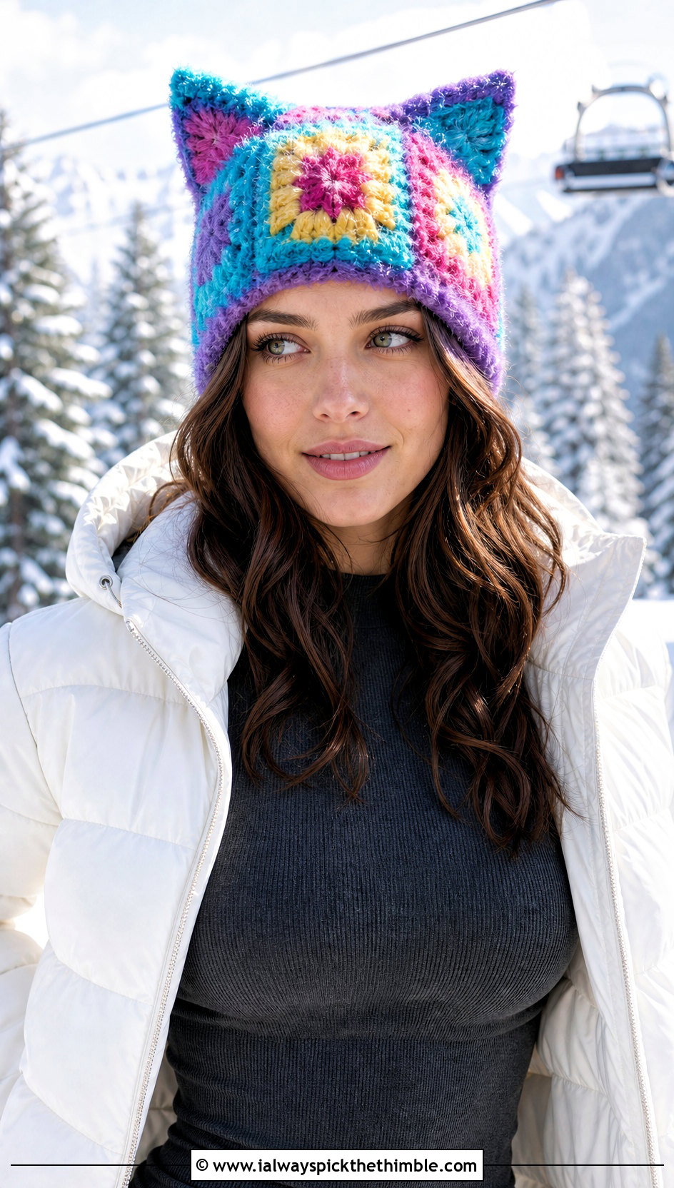 Faux Fur Crochet Square Hat With Puffer Jacket - 20 faux fur crochet hat outfit ideas