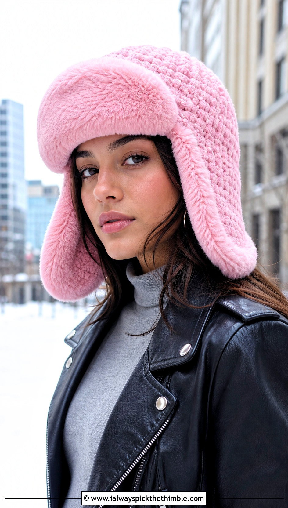 Faux Fur Crochet Trapper Hat With Leather Jacket - 20 faux fur crochet hat outfit ideas