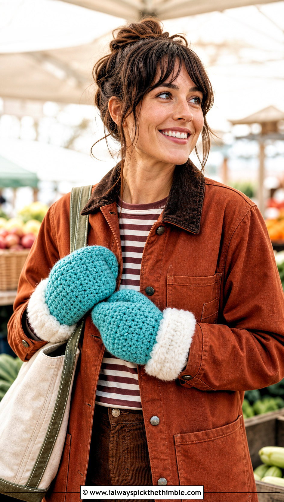 Faux Fur Cuff Chunky Crochet Mittens With Chore Jacket and Corduroy Pants - 20 Chunky Yarn Crochet Mittens outfit ideas