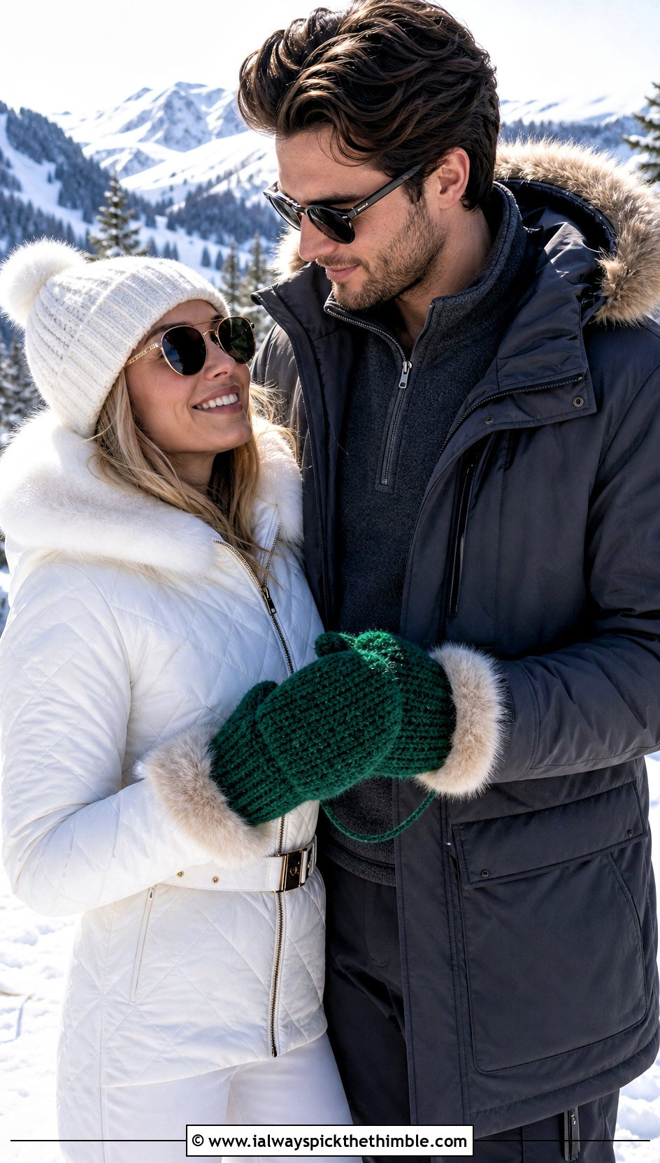 Faux Fur Cuff Couple Mittens With Ski Outfits - 20 crochet couple mittens outfit ideas