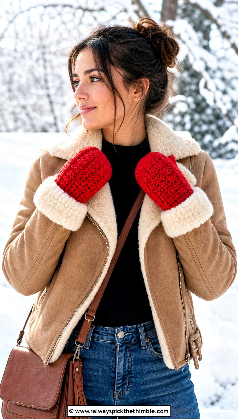 Faux Fur Cuff Crochet Mittens With Shearling Jacket And Jeans - 25 crochet mittens outfit ideas