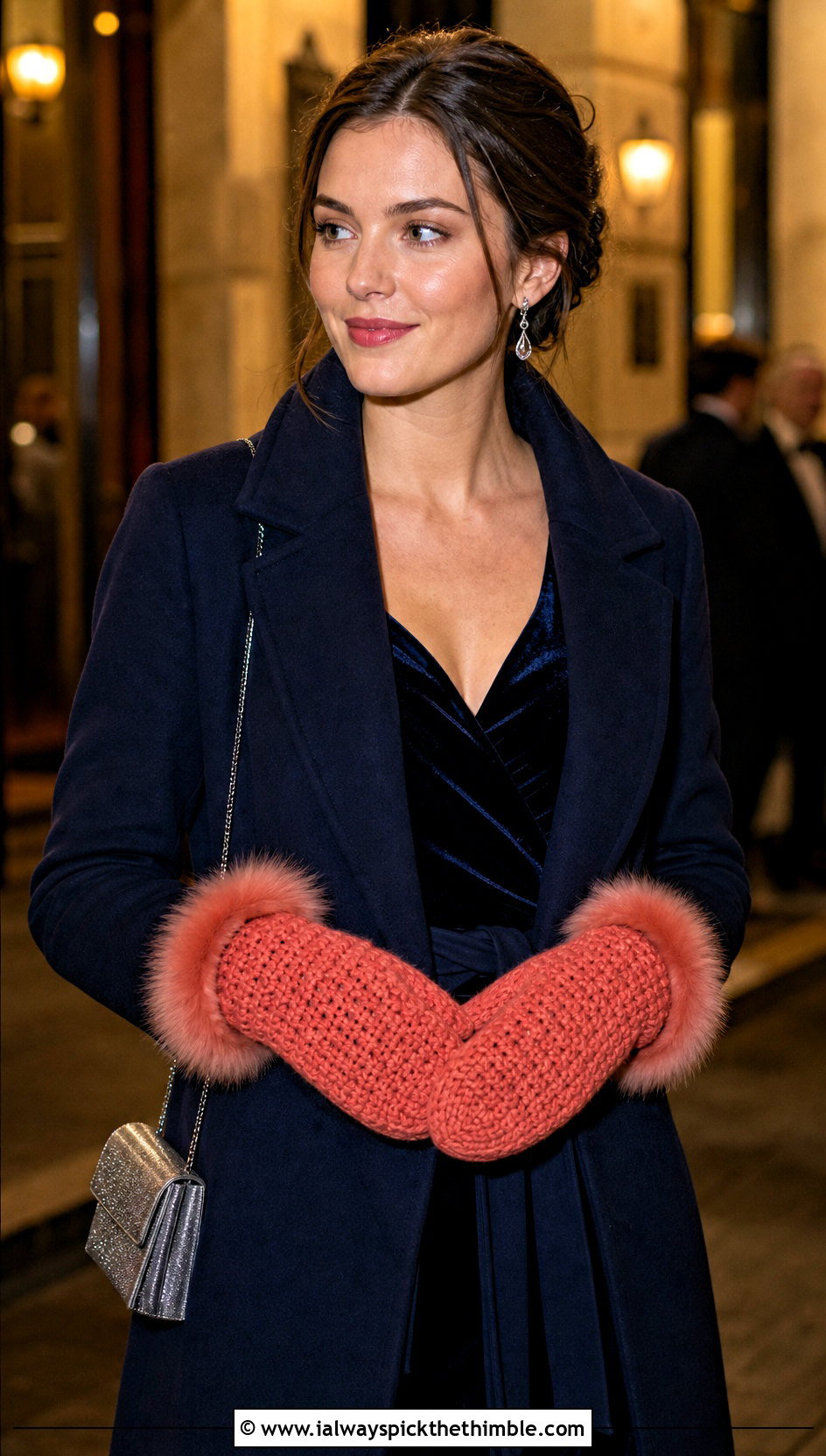 Faux Fur Cuff Crochet Mittens With Velvet Dress - 20 women crochet mittens outfit ideas