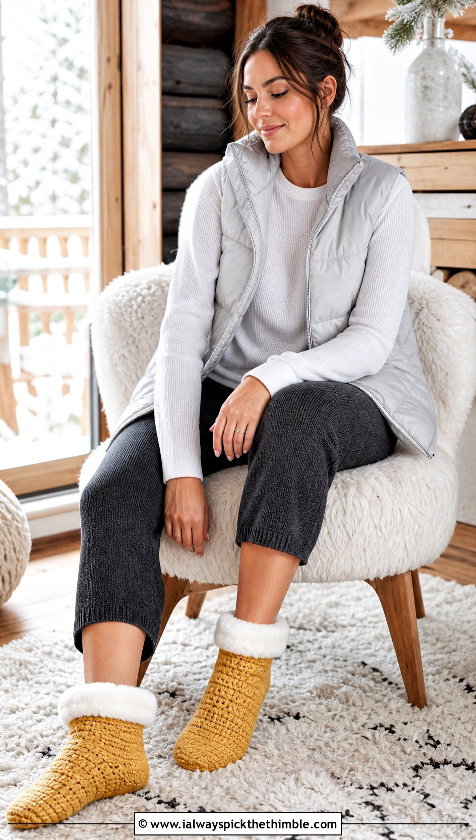 Faux Fur Cuff Crochet Slipper Socks With Puffer Vest And Knit Pants - 20 crochet sock slippers outfit ideas