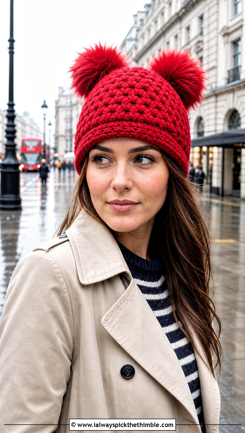 Faux Fur Double Pom Pom Crochet Hat With Trench Coat - 20 Crochet Double Pom Pom Hat outfit ideas