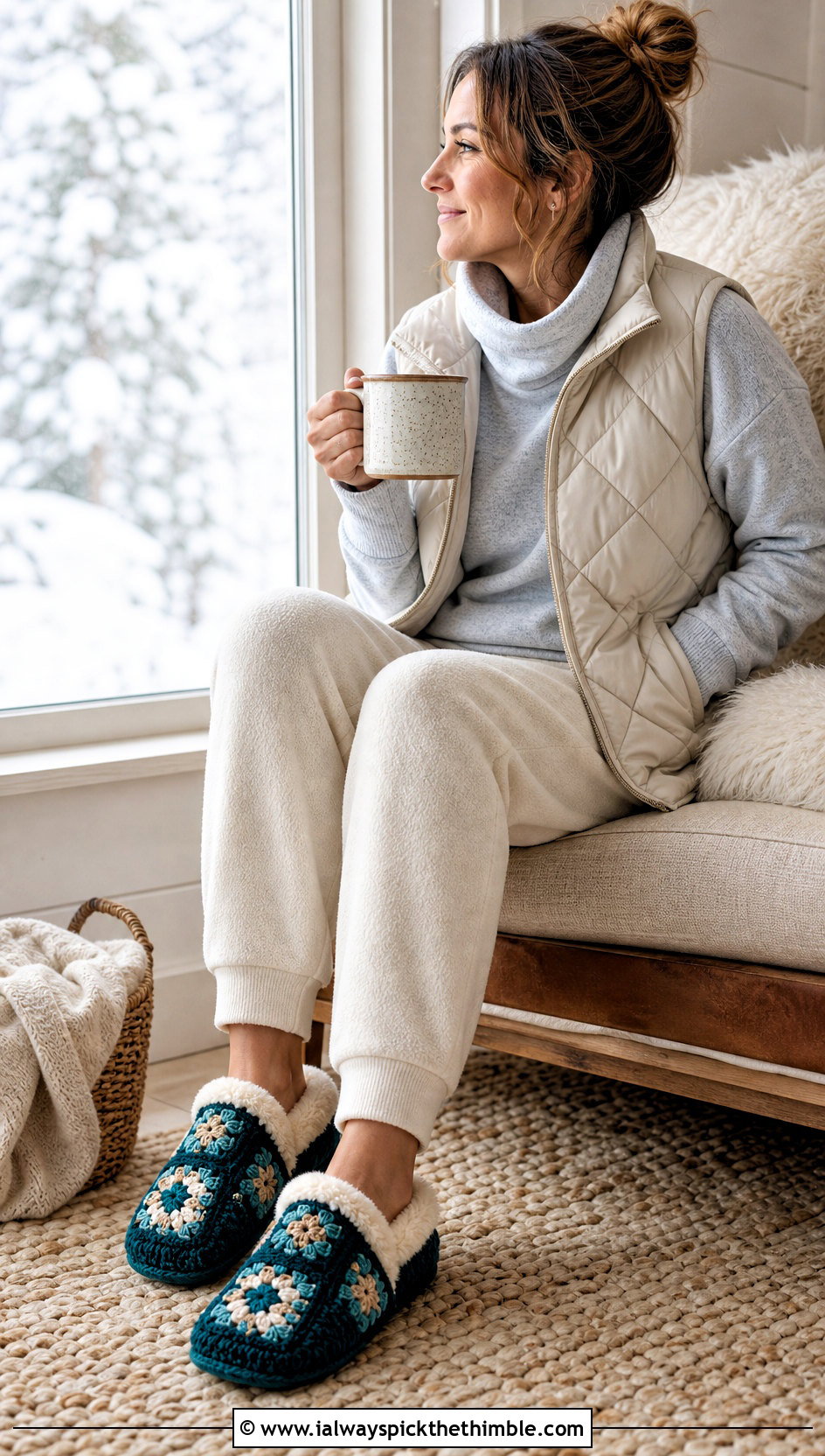 Faux Fur Lined Granny Square Slippers With Fleece Pants - 15 Crochet Granny Square Slipper outfit ideas