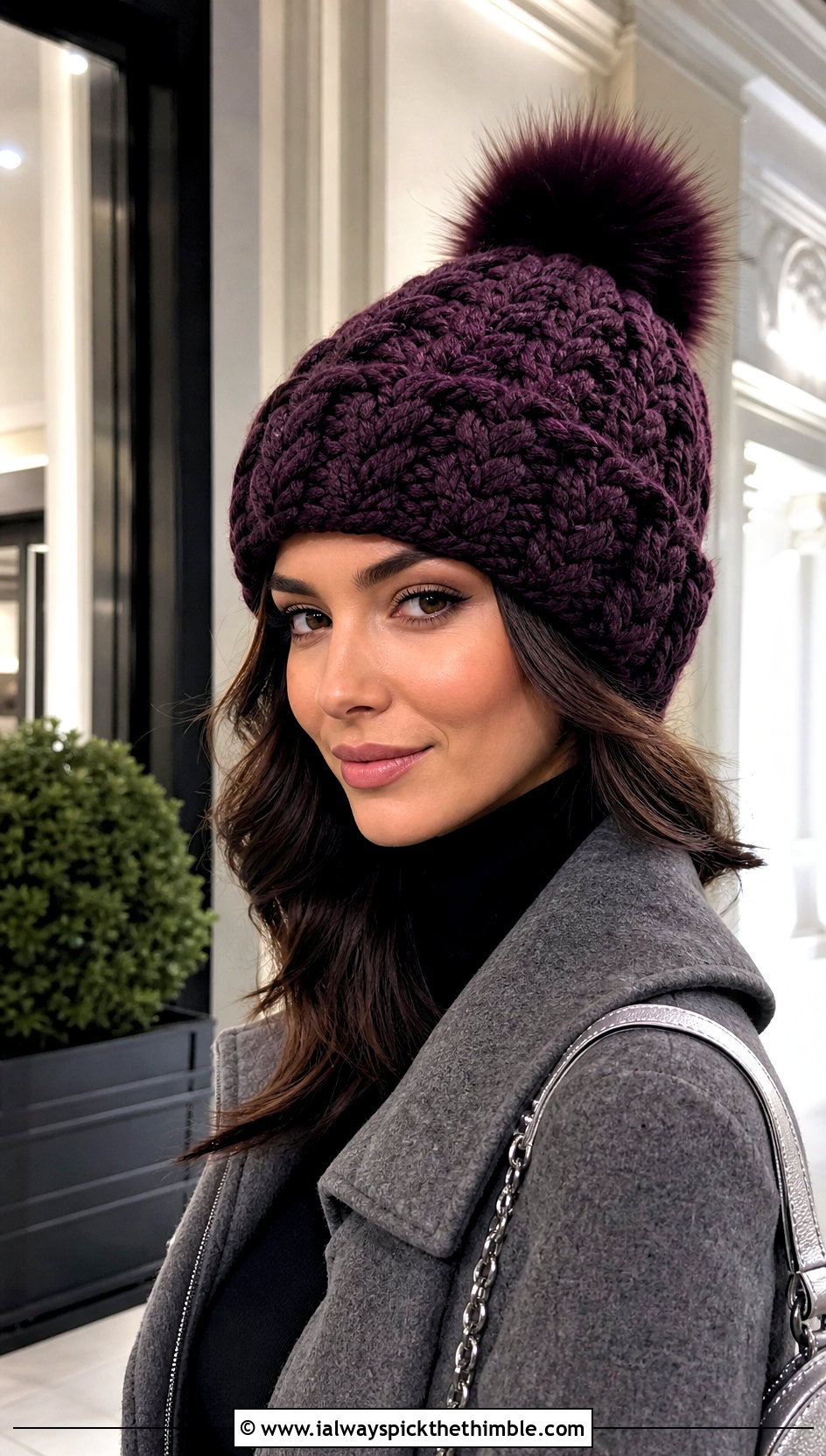 Faux Fur Pom Cable Crochet Beanie With Satin Skirt - 15 cabled crochet beanie design outfit ideas