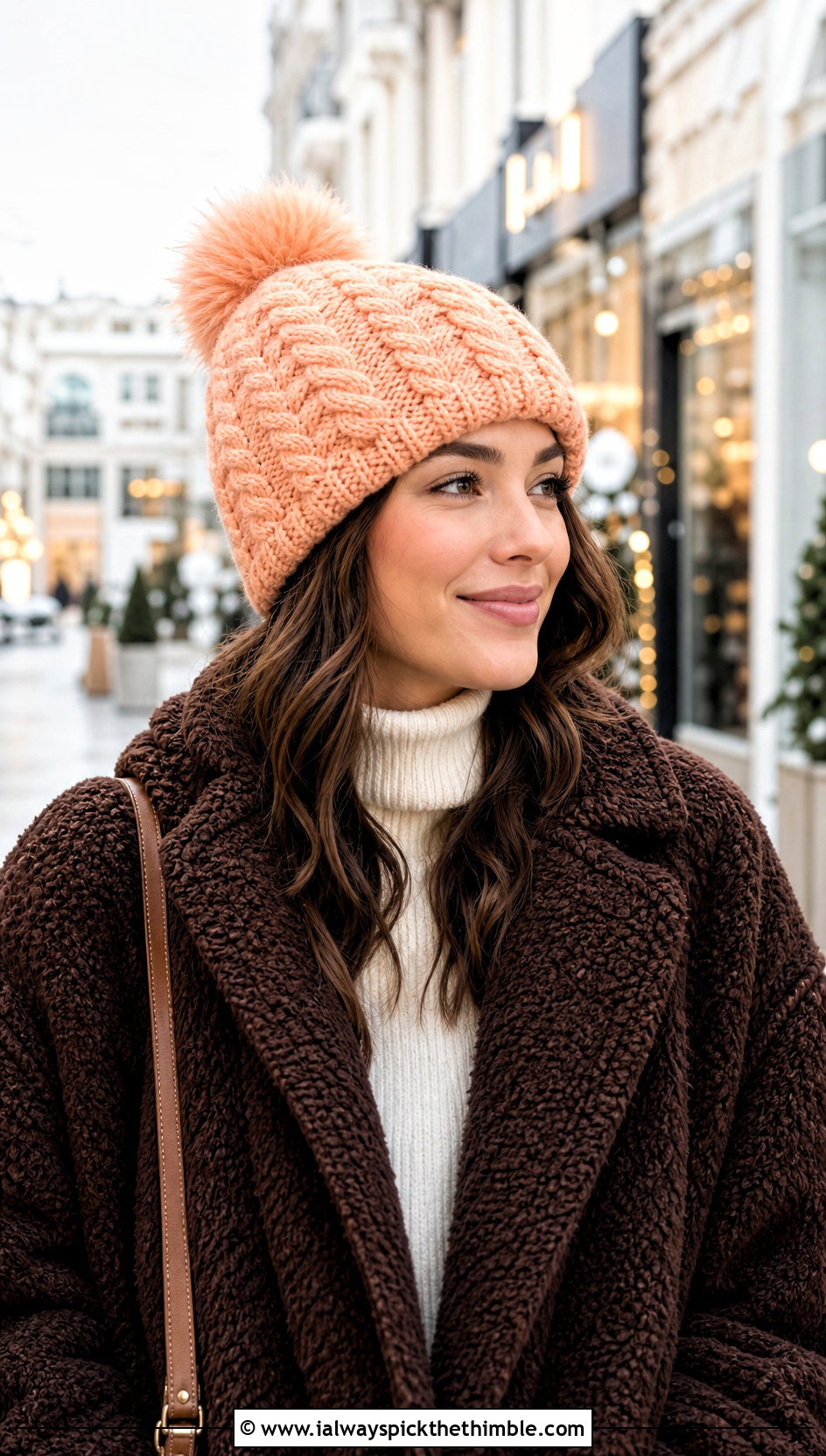 Faux Fur Pom Cable Twist Hat With Teddy Coat - 15 Crochet Cable Twist Hat outfit ideas
