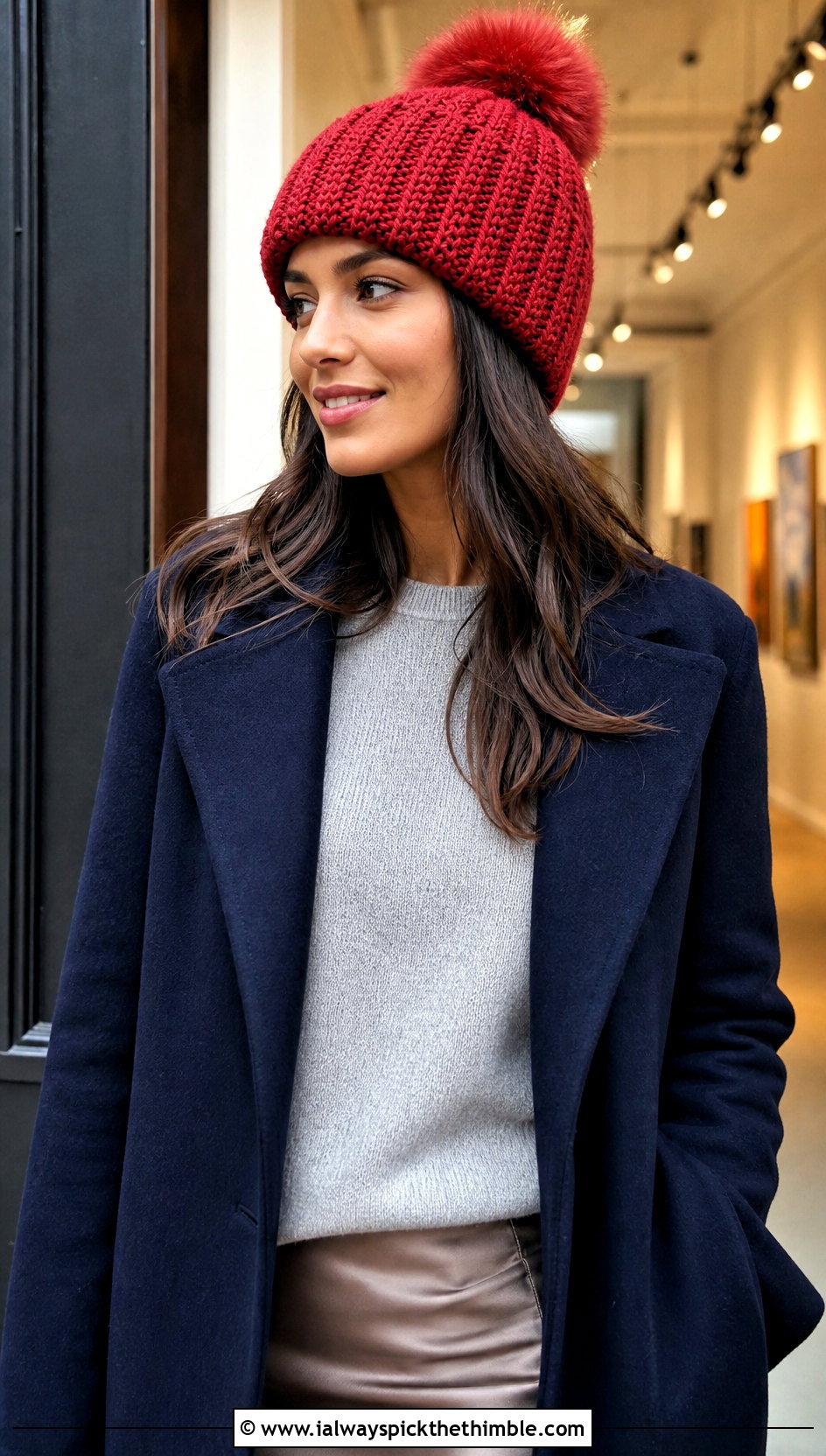Faux Fur Pom Crochet Beanie With Satin Skirt - 20 crochet bobble hat outfit ideas