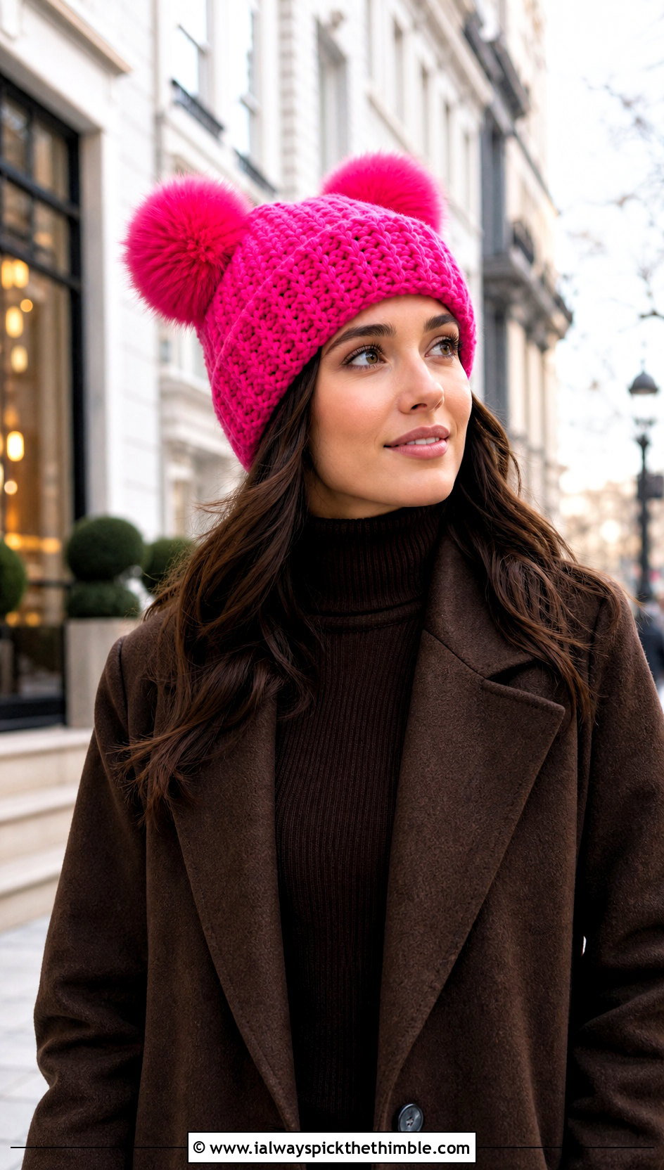 Faux Fur Pom Crochet Hat With Monochrome Winter Outfit - 20 Crochet Hat With Two Pom Poms outfit ideas