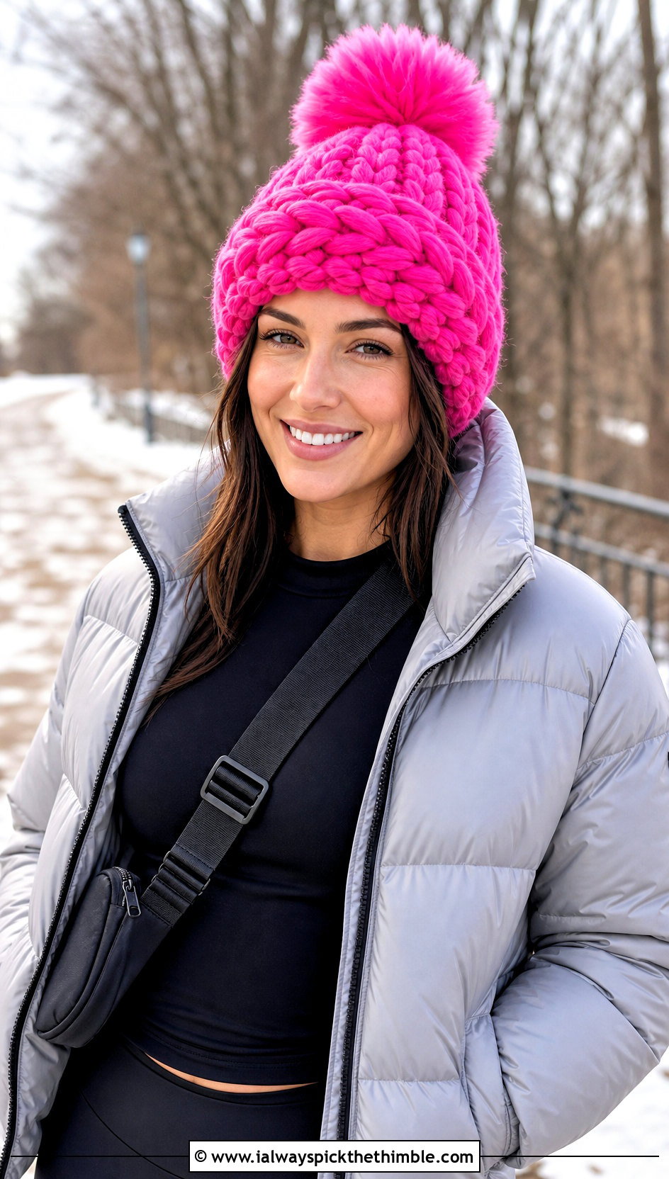 Faux Fur Pom Pom Beanie With Puffer Jacket And Leggings - 15 Crochet Beanie With Super Bulky Yarn outfit ideas