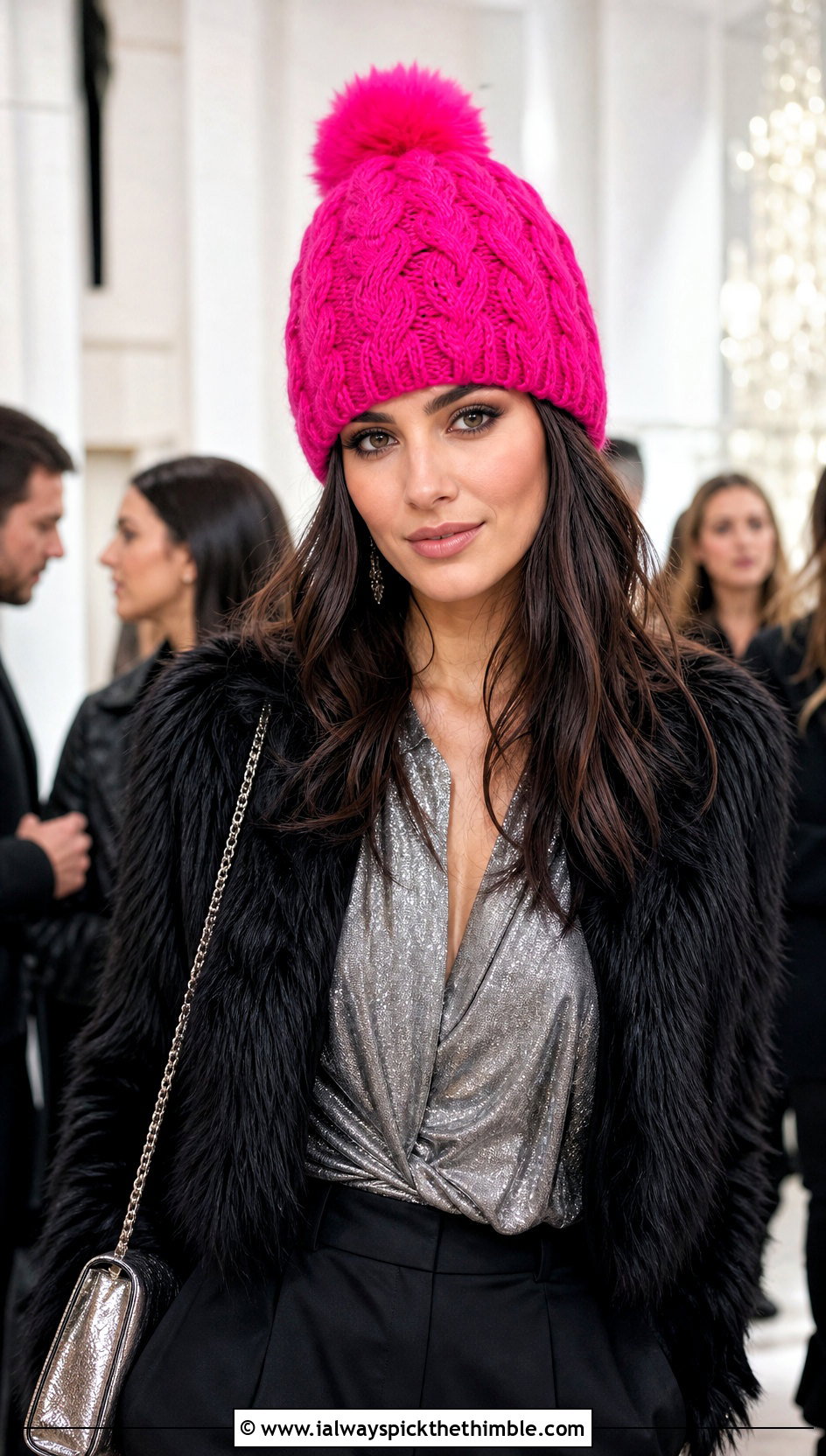 Faux Fur Pom Pom Cable Crochet Hat With Party Outfit - 20 Cable Crochet Hat outfit ideas
