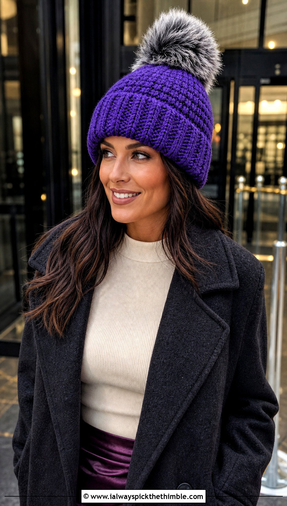 Faux Fur Pom Pom Crochet Beanie With Satin Skirt - 20 crochet beanie with pom pom outfit ideas