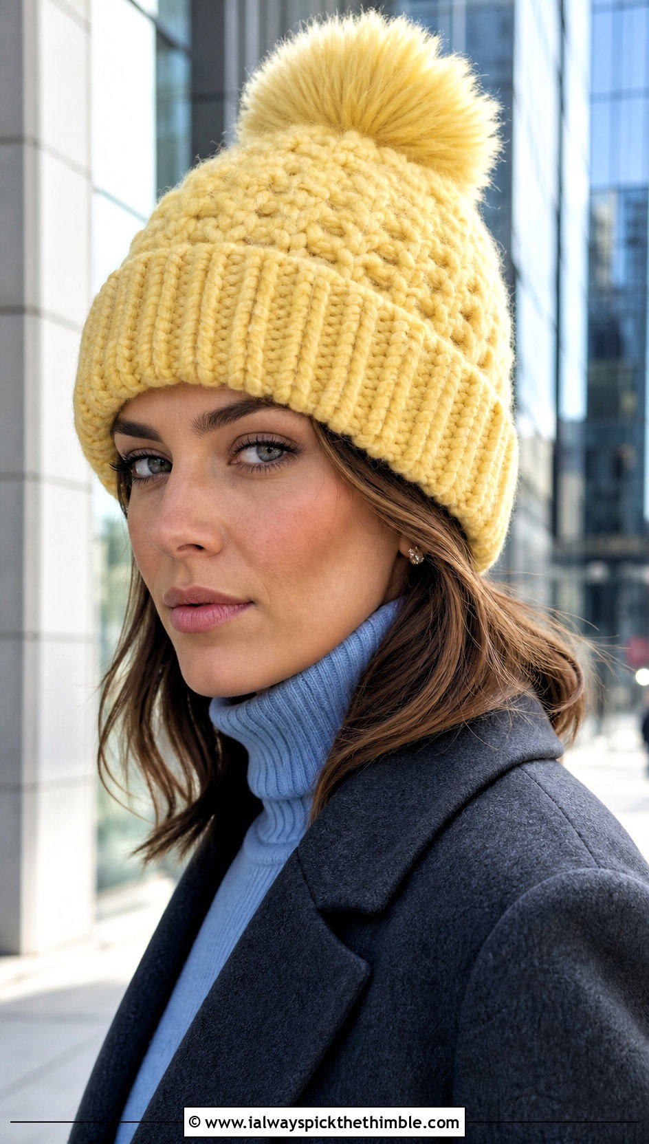 Faux Fur Pom Pom Crochet Beanie With Tailored Coat - 20 faux fur crochet hat outfit ideas
