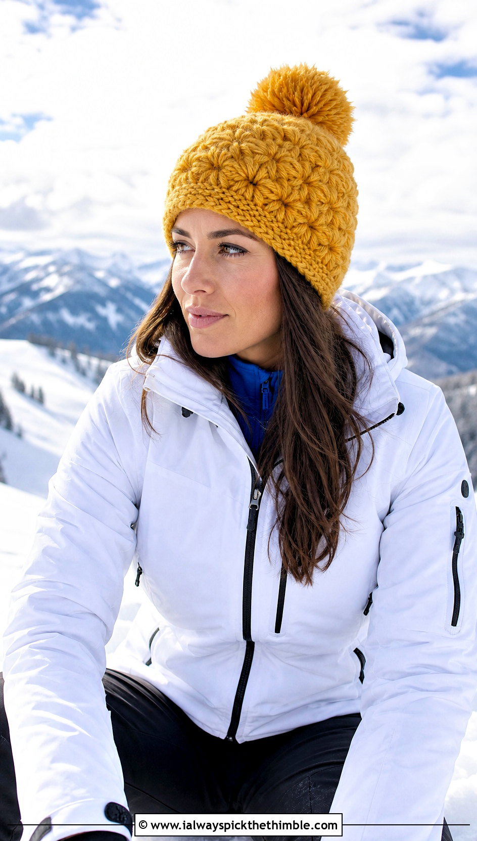 Faux Fur Pom Star Stitch Crochet Beanie With Ski Jacket - 20 Star Stitch Crochet Beanie outfit ideas