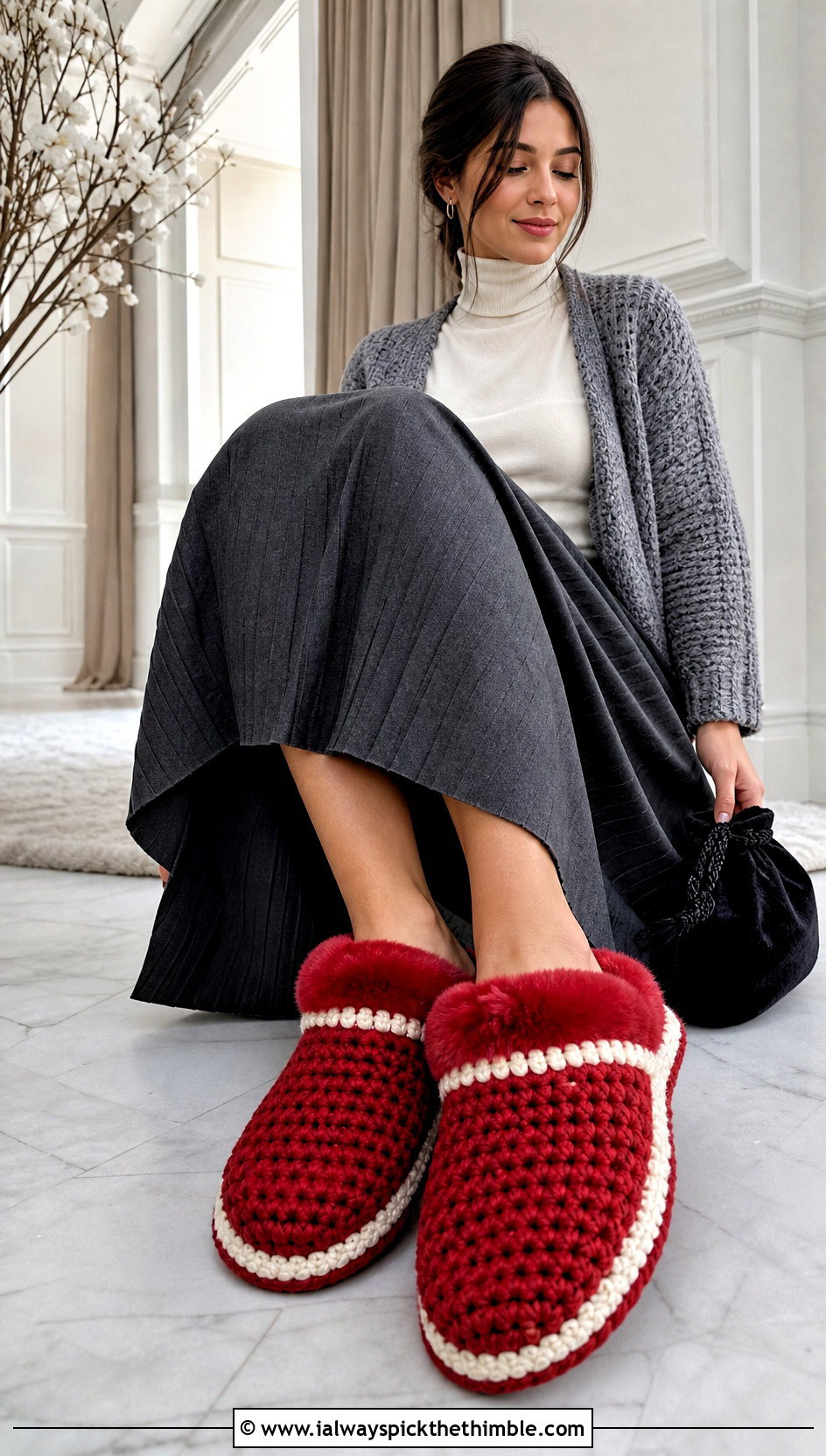 Faux Fur Trim Chunky Yarn Crochet Slippers With Maxi Skirt - 15 Crochet Slippers Chunky Yarn outfit ideas