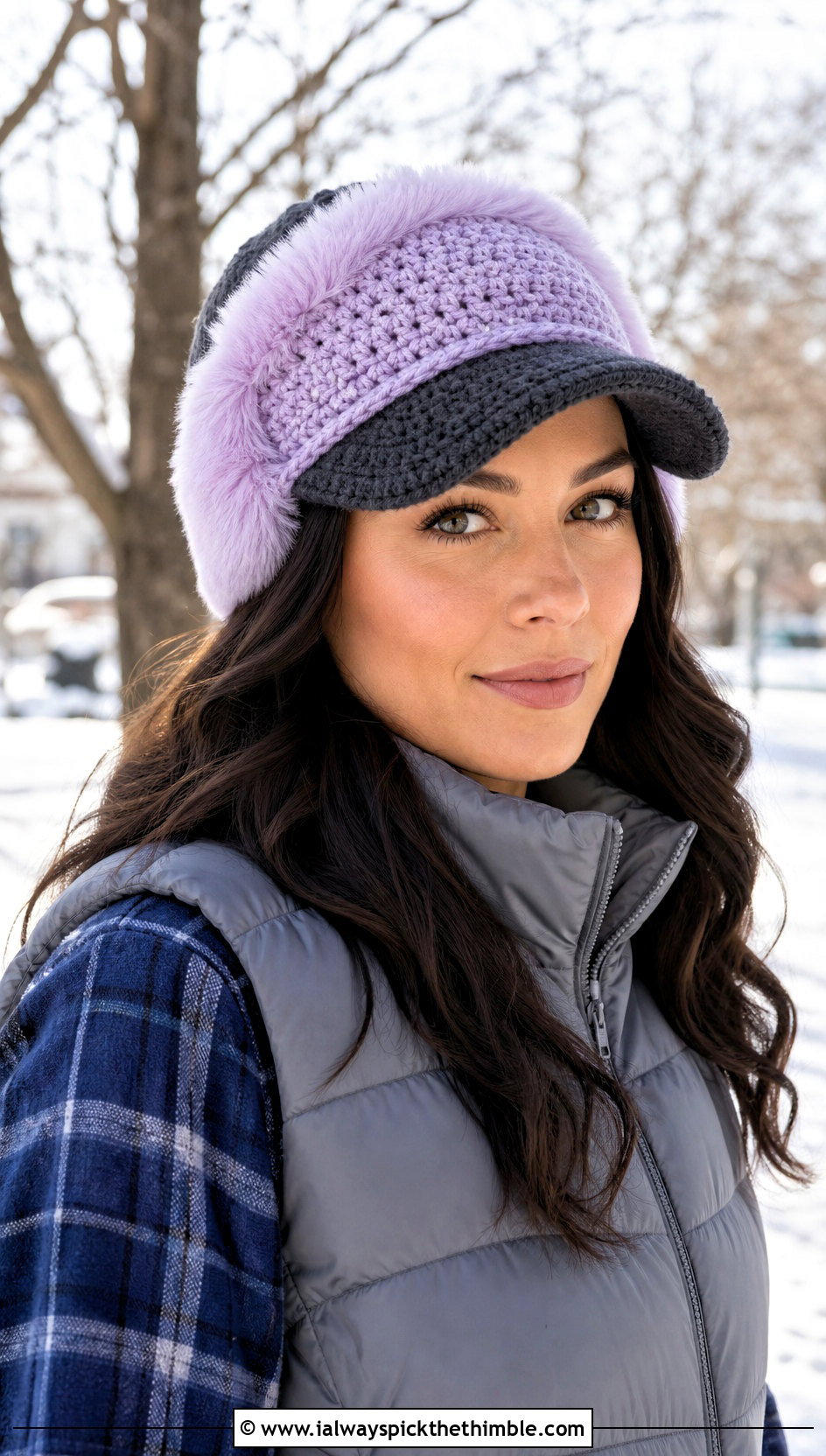 Faux Fur Trim Crochet Baseball Cap Ear Warmer With Puffer Vest - 20 crochet baseball cap ear warmer outfit ideas