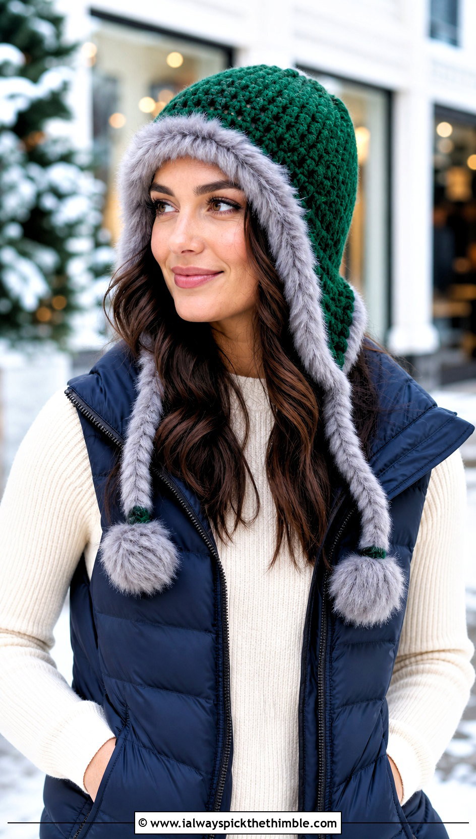 Faux Fur Trim Crochet Beanie With Earflaps And Puffer Vest - 15 Crochet Beanie With Earflaps outfit ideas