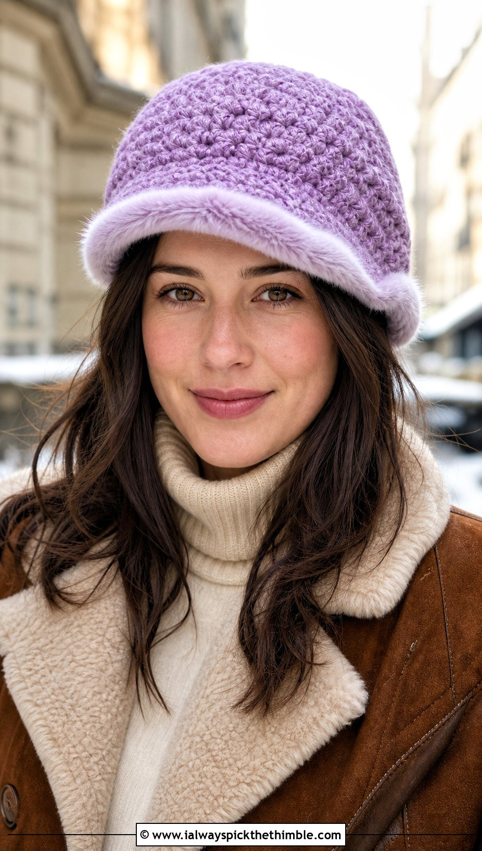 Faux Fur Trim Crochet Beanie With Shearling Jacket - 20 Crochet Beanie With Brim outfit ideas