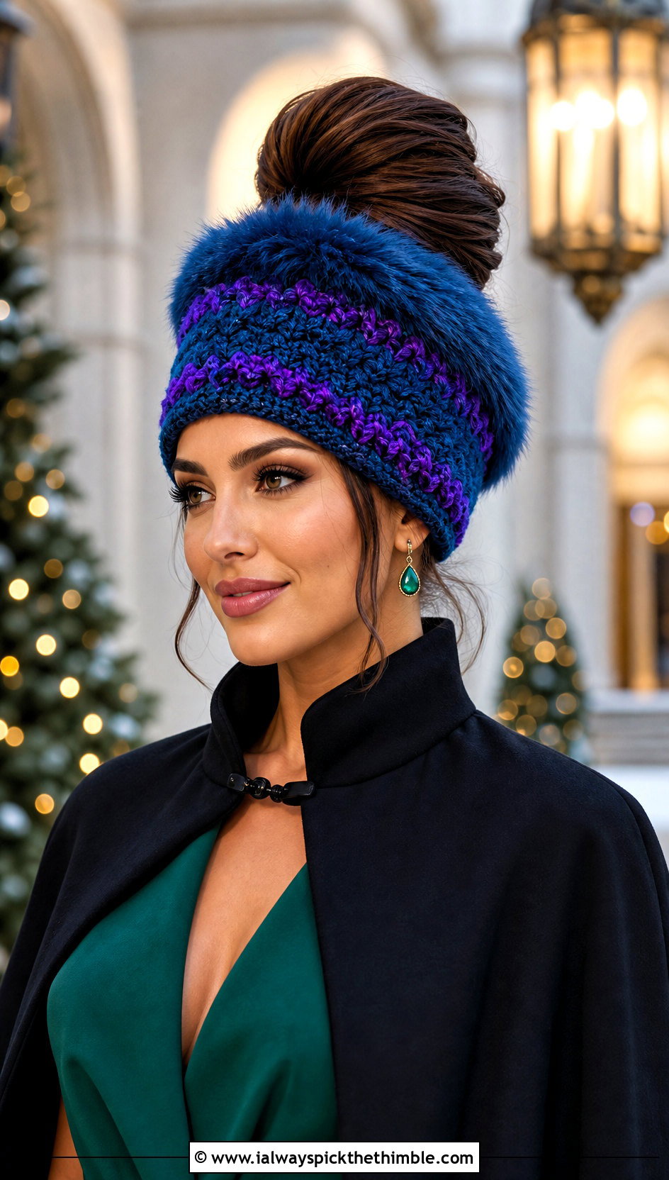 Faux Fur Trim Crochet Bun Hat With Cape Coat And Jumpsuit - 25 crochet bun hat outfit ideas