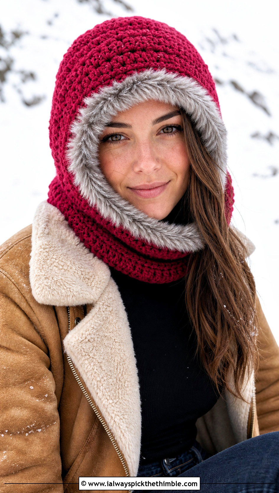 Faux Fur Trim Crochet Cowl Hat With Shearling Jacket - 20 crochet cowl hat outfit ideas