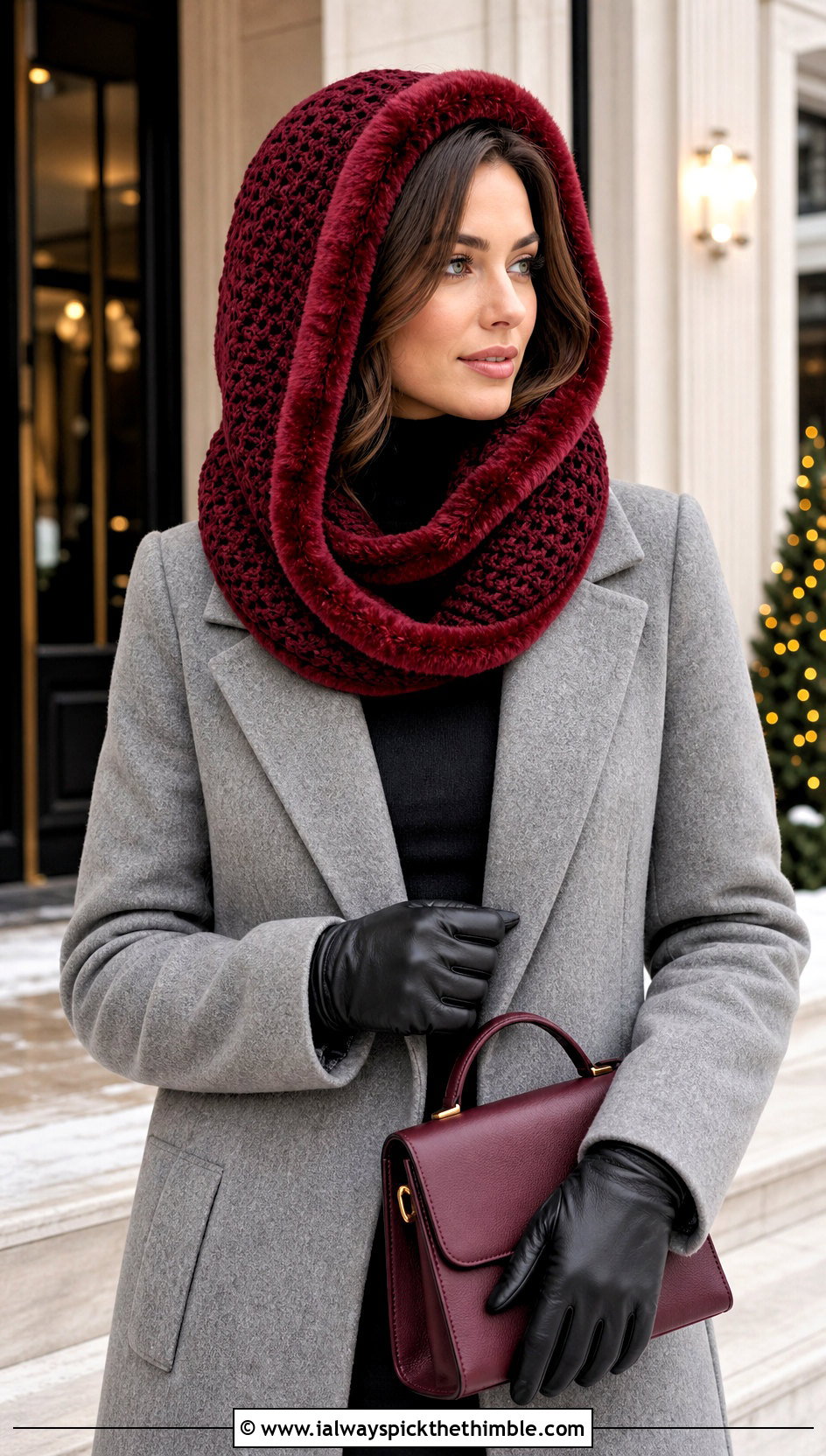 Faux Fur Trim Crochet Cowl Hood With Wool Coat - 20 crochet cowl hood outfit ideas