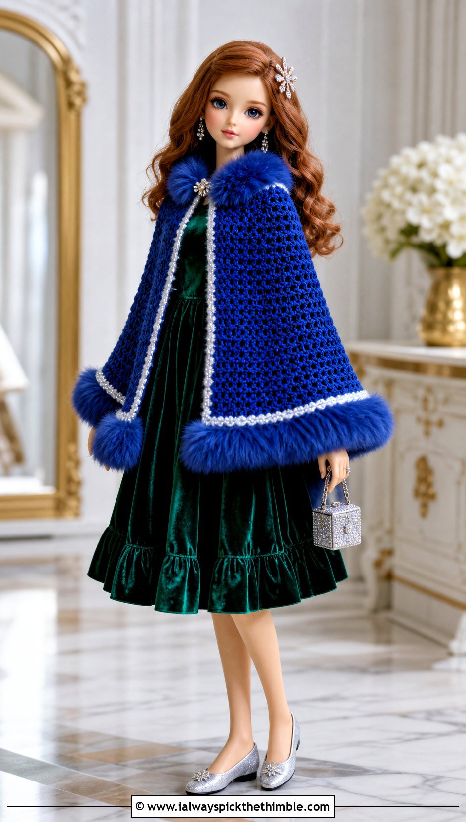 Faux Fur Trim Crochet Doll Cape With Velvet Dress - 20 Crochet Doll Cape outfit ideas