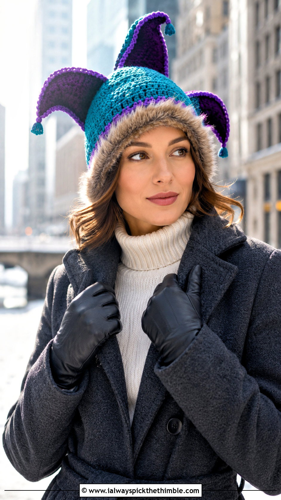 Faux Fur Trim Crochet Jester Hat With Long Coat - 25 crochet jester hat outfit ideas