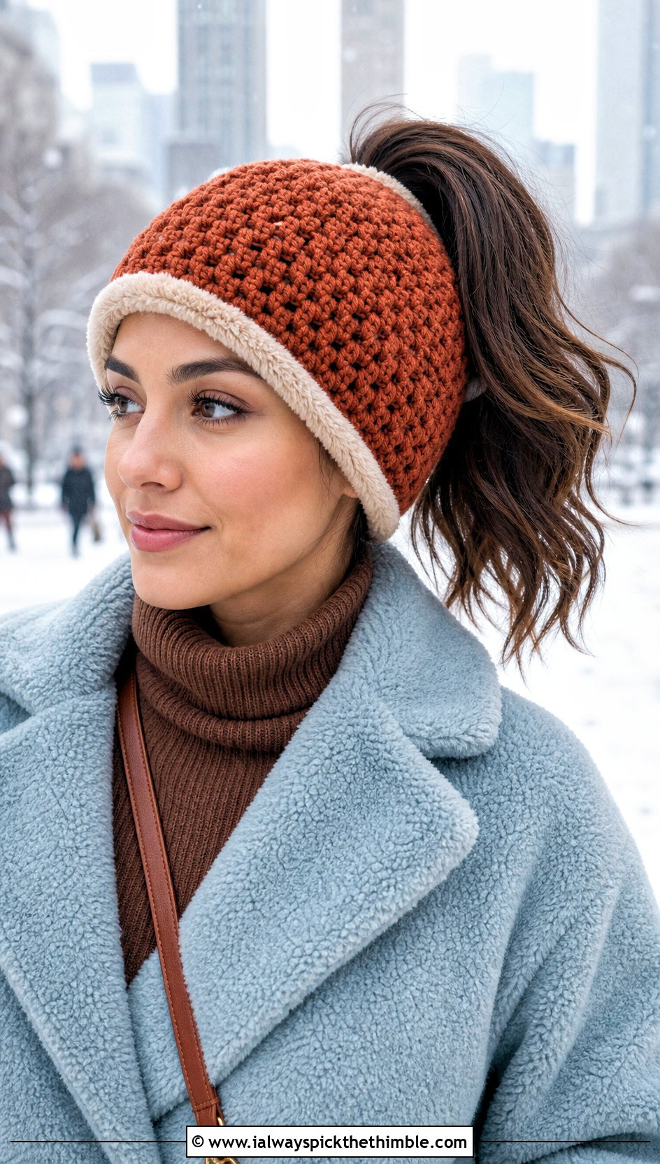 Faux Fur Trim Crochet Ponytail Hat With Teddy Coat - 20 crochet hat with ponytail hole outfit ideas