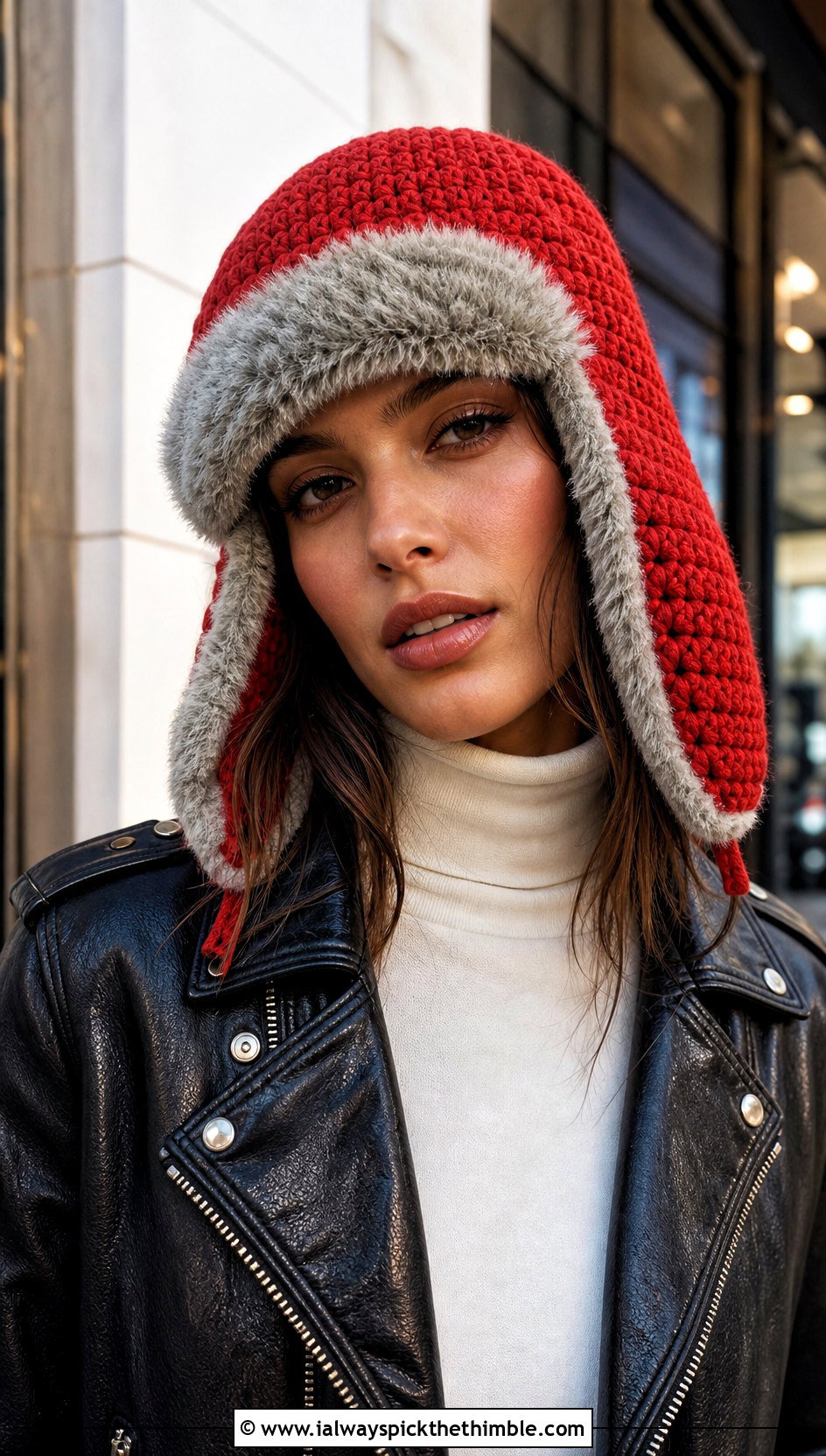Faux Fur Trim Crochet Ushanka Hat With Leather Jacket - 20 crochet ushanka hat outfit ideas