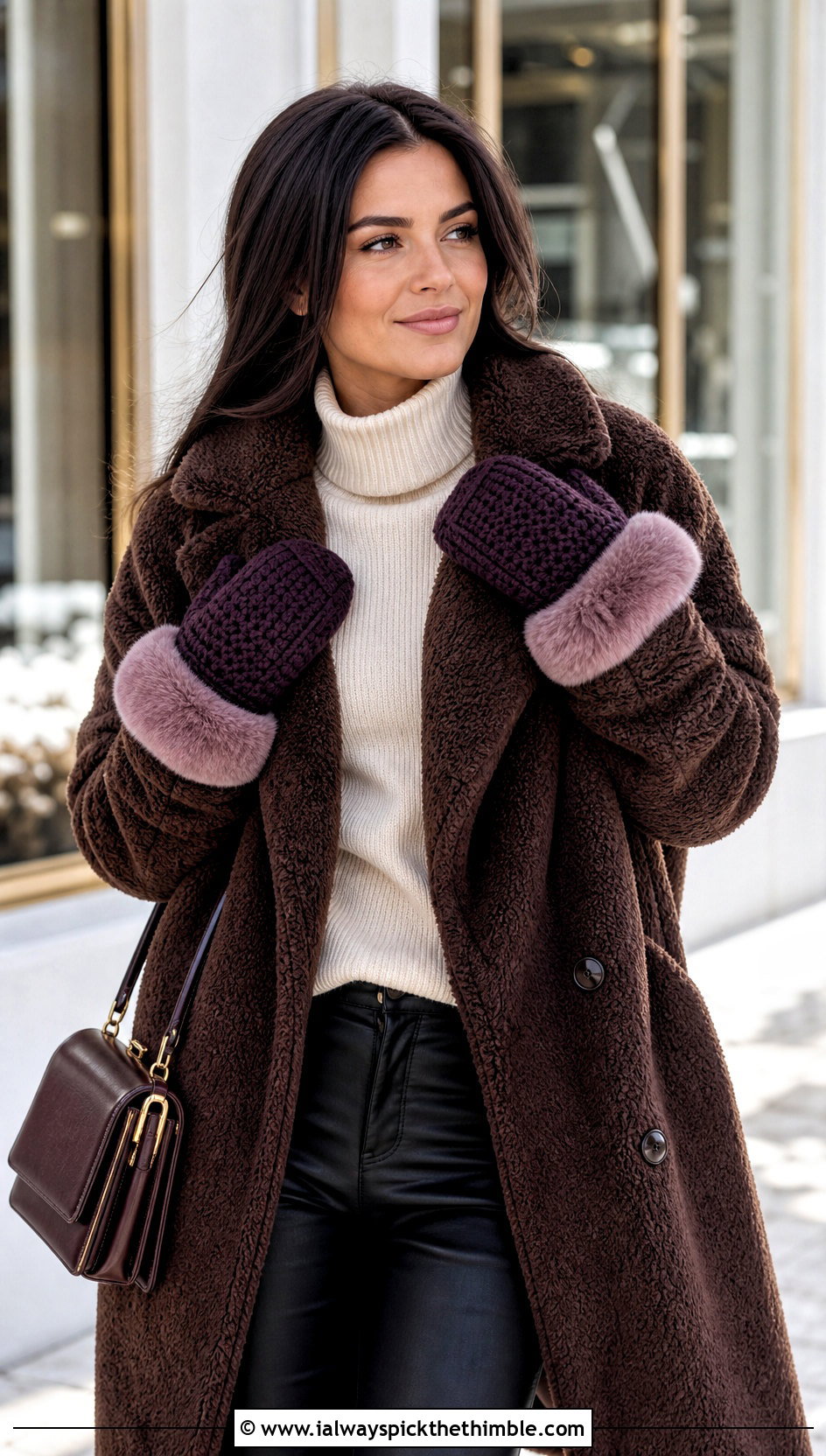 Faux Fur Trim Crocheted Mittens With Teddy Coat - 20 Crocheted Mittens outfit ideas