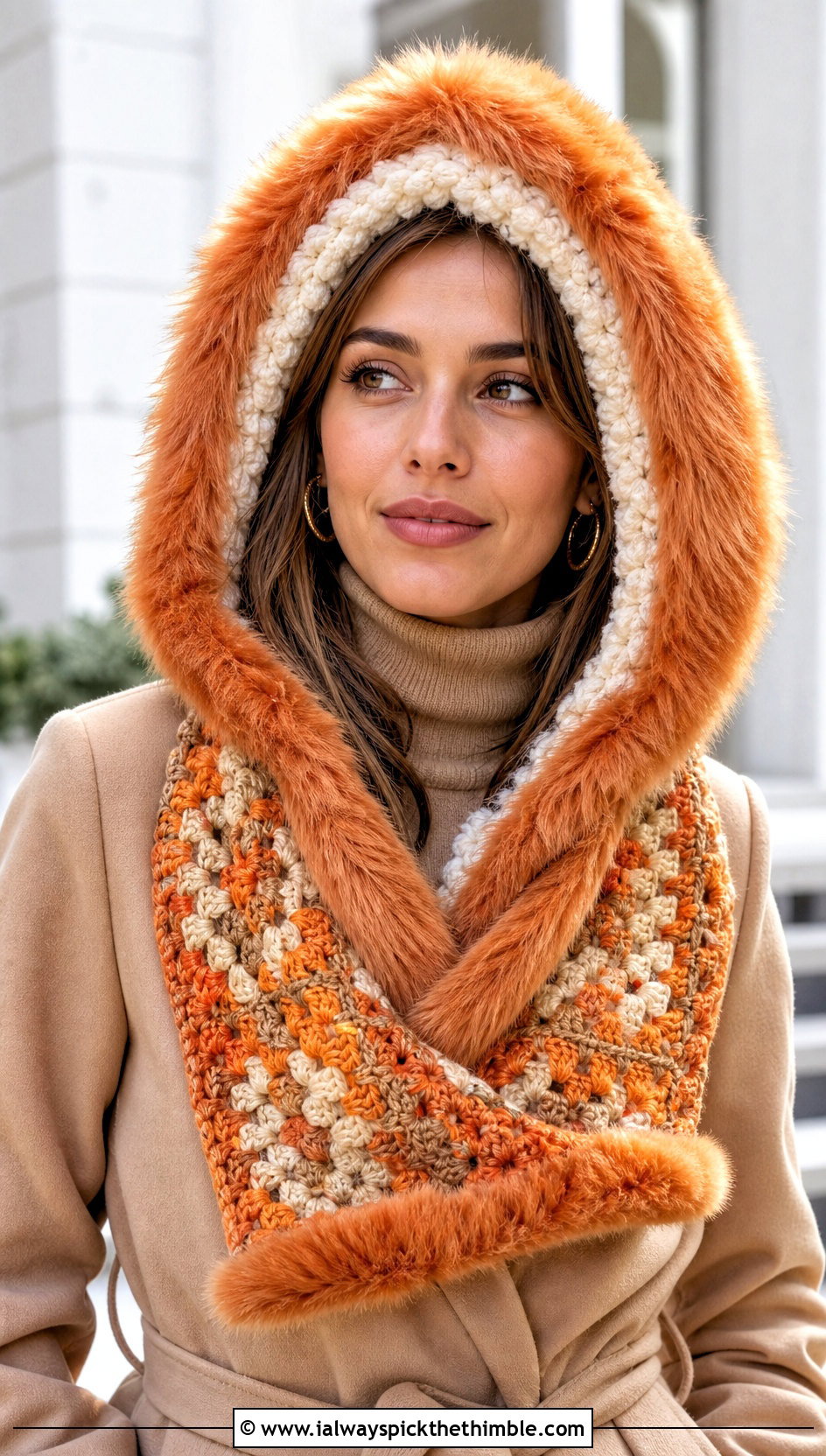 Faux Fur Trim Hooded Scarf With Monochrome Outfit - 20 crochet scarf with hood outfit ideas