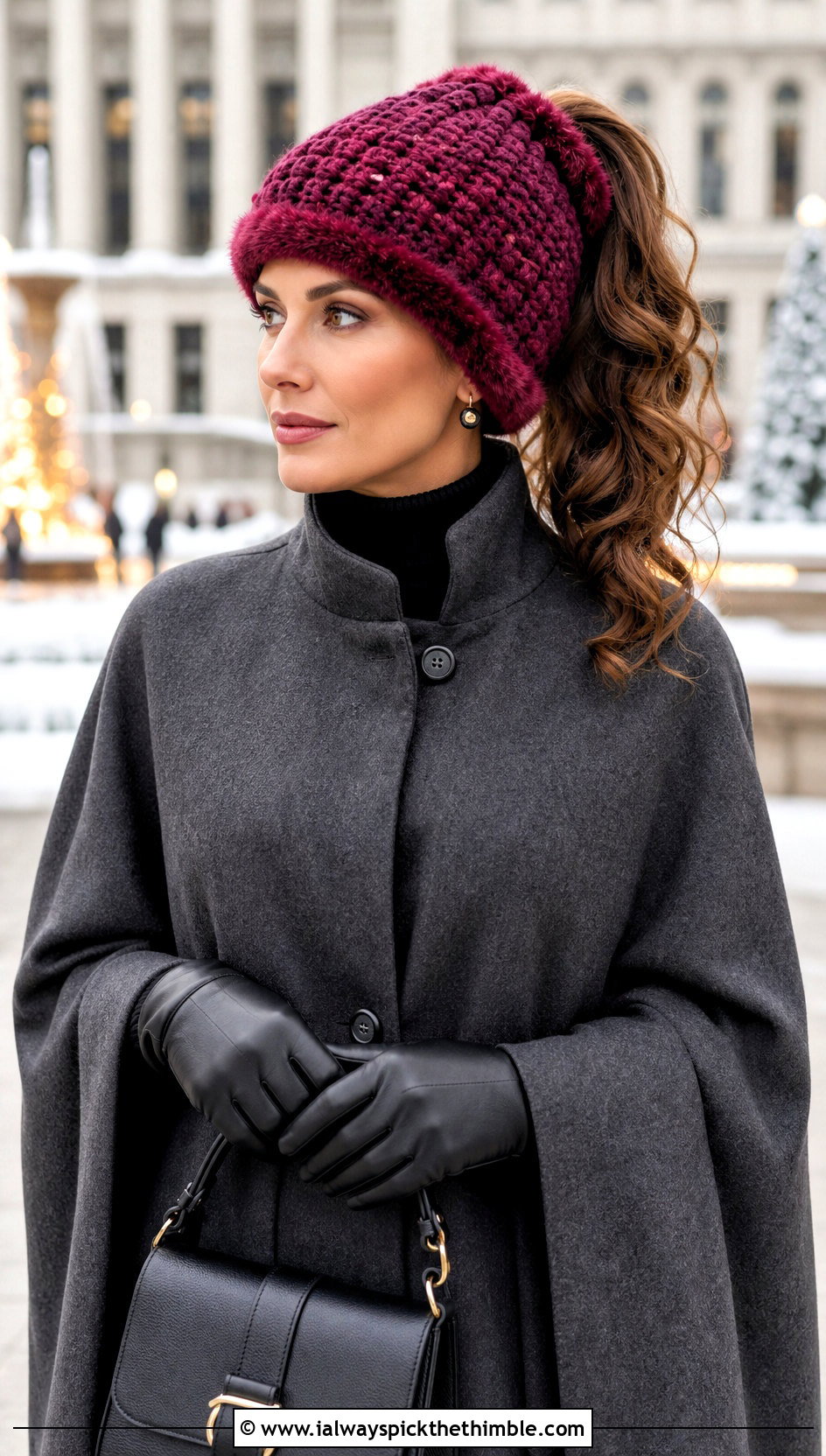 Faux Fur Trim Ponytail Crochet Beanie With Wool Cape - 20 crochet beanie with ponytail hole outfit ideas