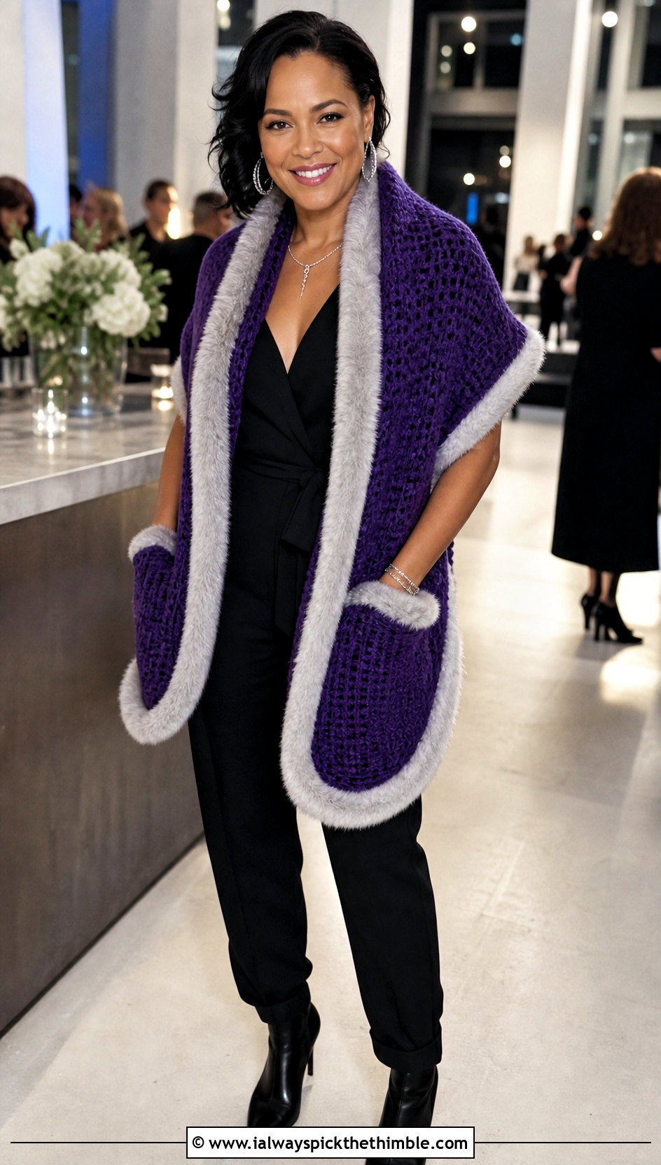 Faux Fur Trimmed Pocket Scarf With Evening Jumpsuit - 20 crochet pocket scarves outfit ideas