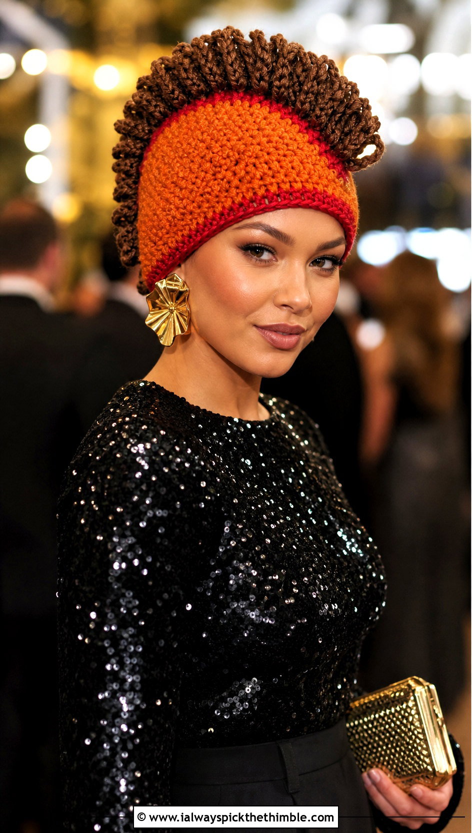 Faux Hawk Crochet Mahomes Beanie With Sequin Top And Black Pants - 15 Crochet Mahomes Hat outfit ideas