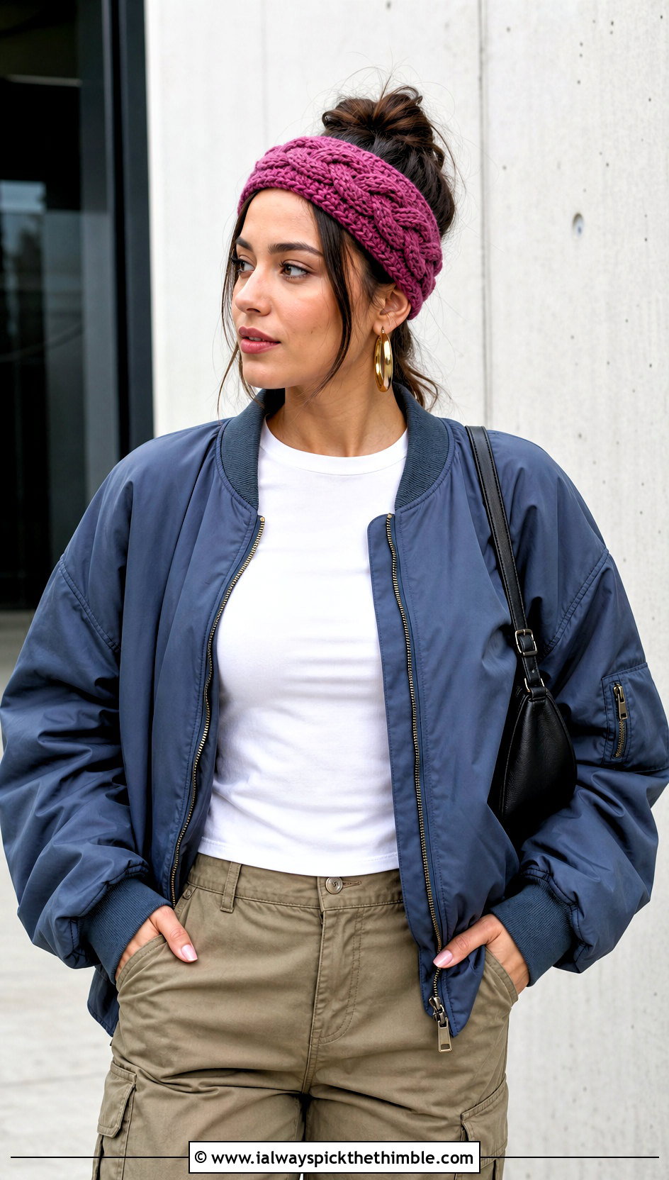 Faux Knit Cable Crochet Headband With Bomber Jacket And Cargo Pants - 15 cable crochet headband outfit ideas