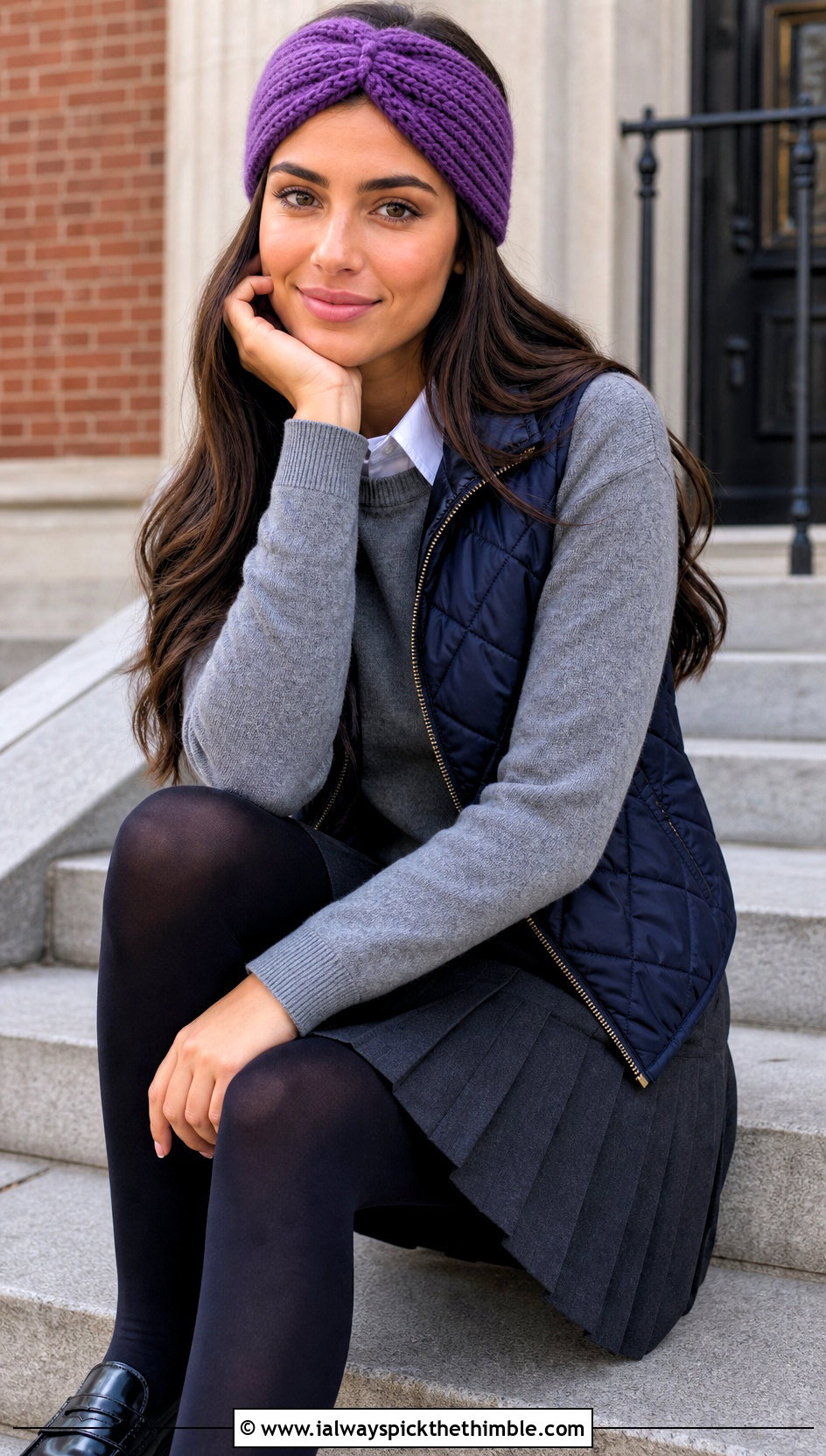 Faux Knit Cinched Crochet Winter Headband With Quilted Vest - 15 crochet winter head band outfit ideas