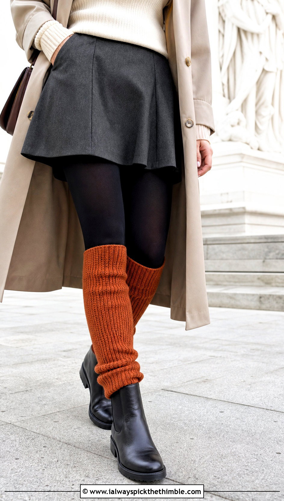 Faux Knit Crocheted Leg Warmers With A Trench Coat - 25 Crocheted Leg Warmers outfit ideas