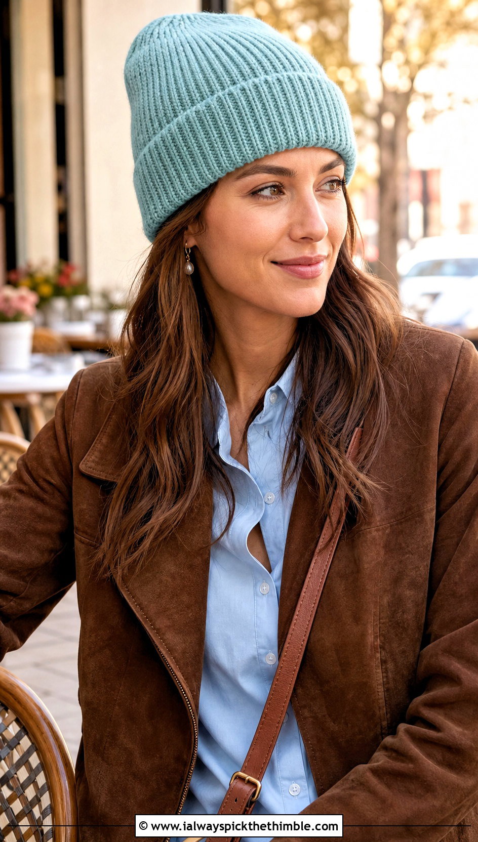 Faux Knit Double Layer Crochet Watch Cap With Suede Jacket - 15 Double Layer Crochet Hat outfit ideas