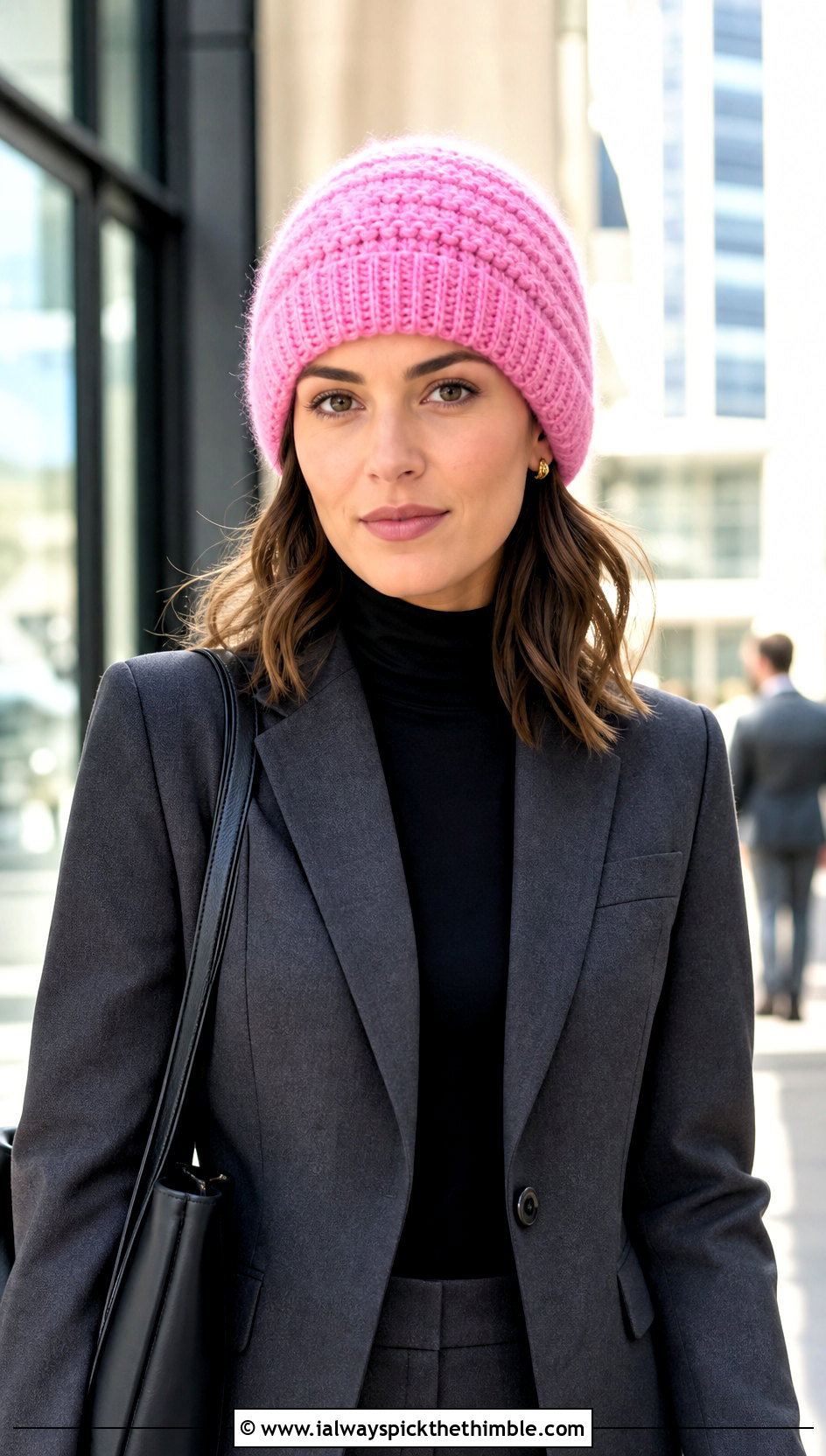 Faux Knit Highland Crochet Beanie With Office Suit - 15 highland crochet beanie outfit ideas