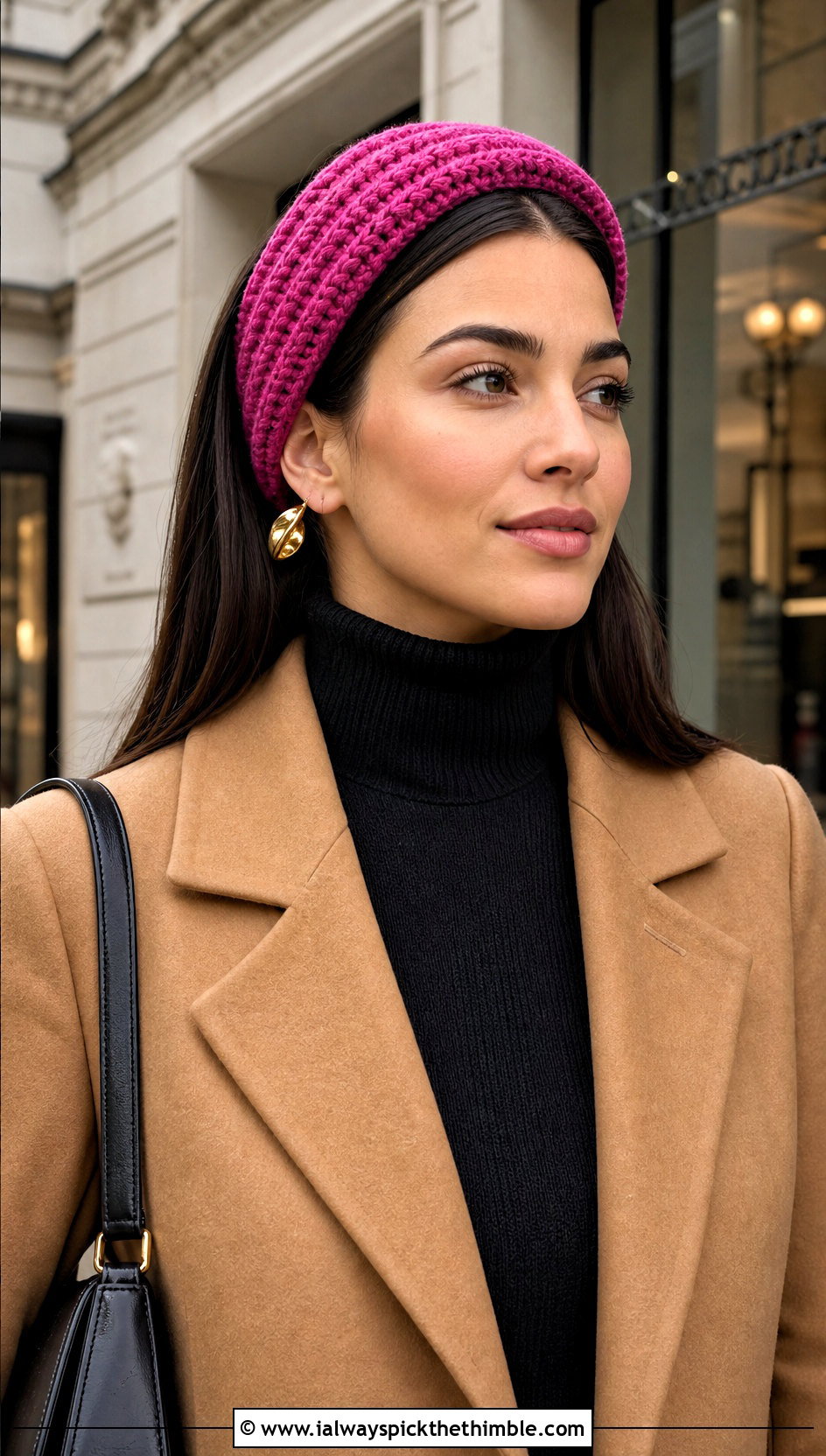 Faux Knit Rib Crochet Ear Headband With Camel Coat - 20 crochet ear headband outfit ideas