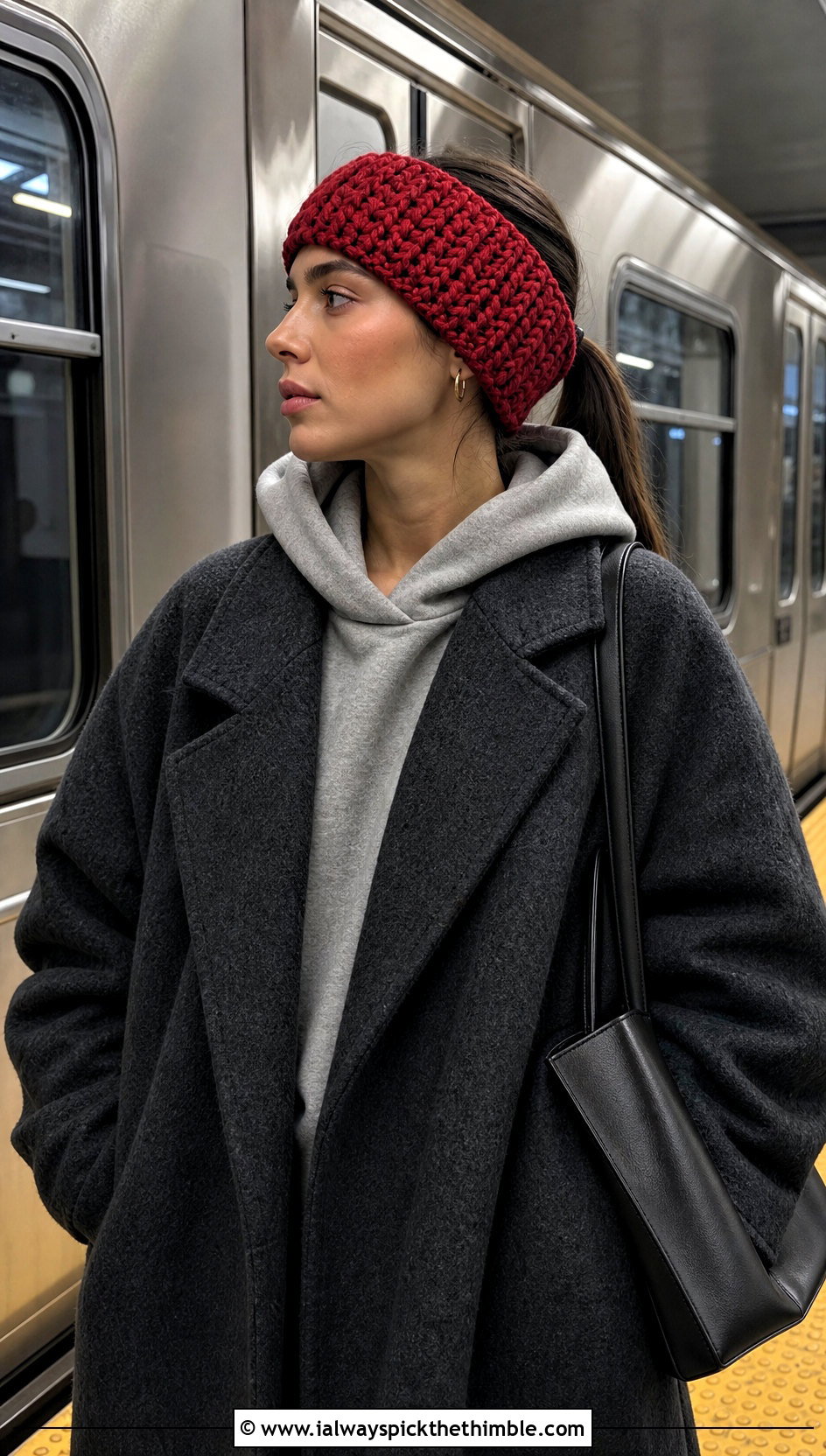 Faux Knit Ribbed Chunky Yarn Crochet Ear Warmer With Overcoat - 20 chunky yarn crochet ear warmer outfit ideas