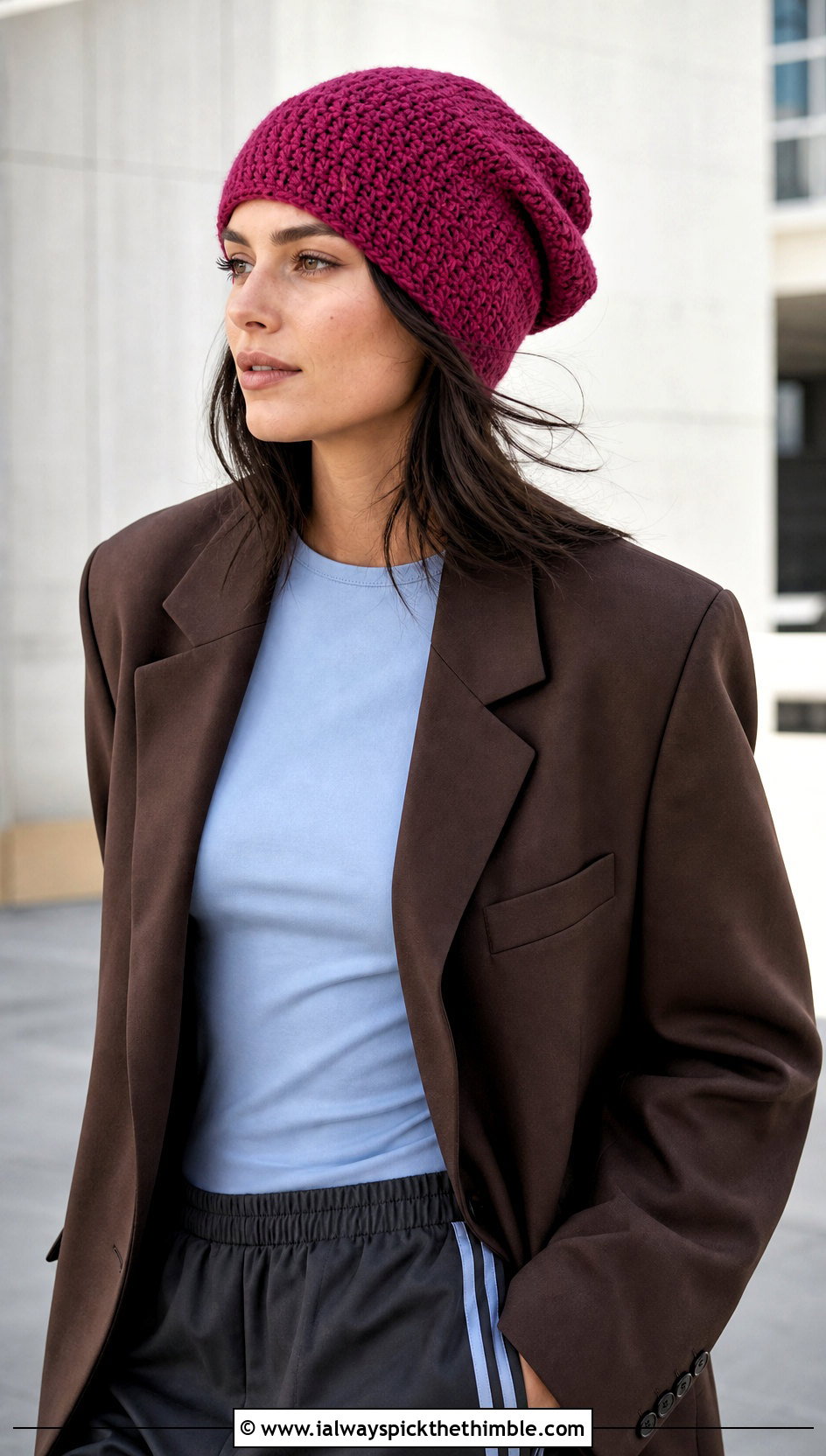 Faux Knit Slouchy Crochet Hat With Blazer And Track Pants - 15 Slouchy Crochet Hat outfit ideas